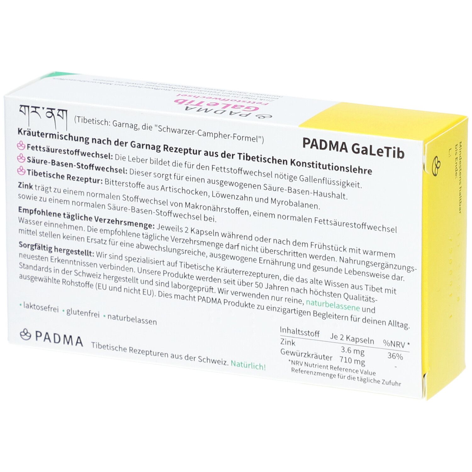 PADMA GaLeTib-Verpackung. Weiß und gelb. Text: Inhaltsstoffe, Zink, Artischocke. Logo und Schriftzug PADMA. Eckige Form.
