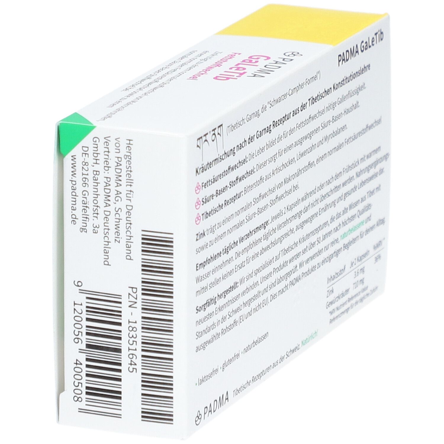 PADMA GaLeTib-Verpackung. Weiß und gelb. Text: PZN, Barcode, Hersteller. Logo und Schriftzug PADMA. Eckige Form.