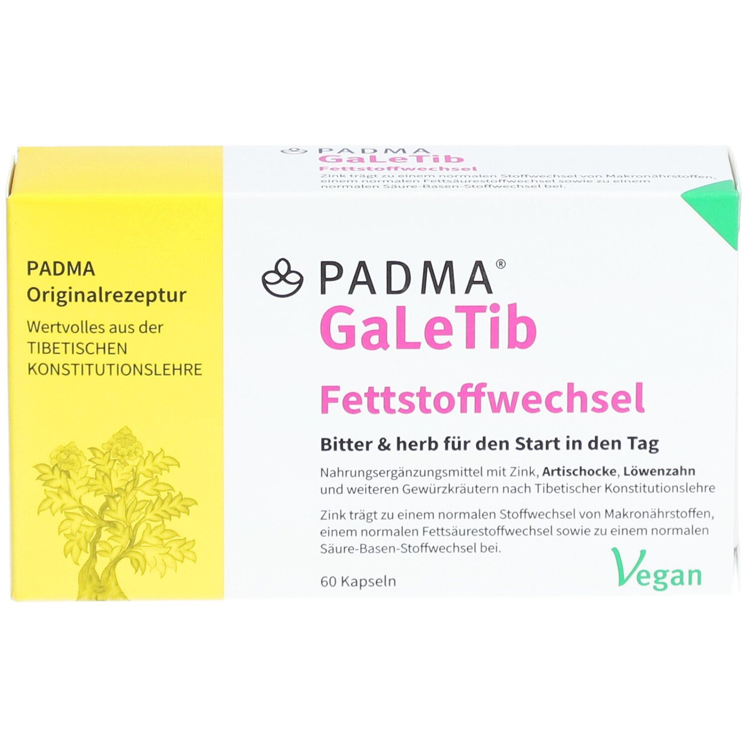 PADMA GaLeTib-Verpackung. Weiß und gelb. Text: Fettstoffwechsel, 60 Kapseln, Vegan. Logo und Schriftzug PADMA.