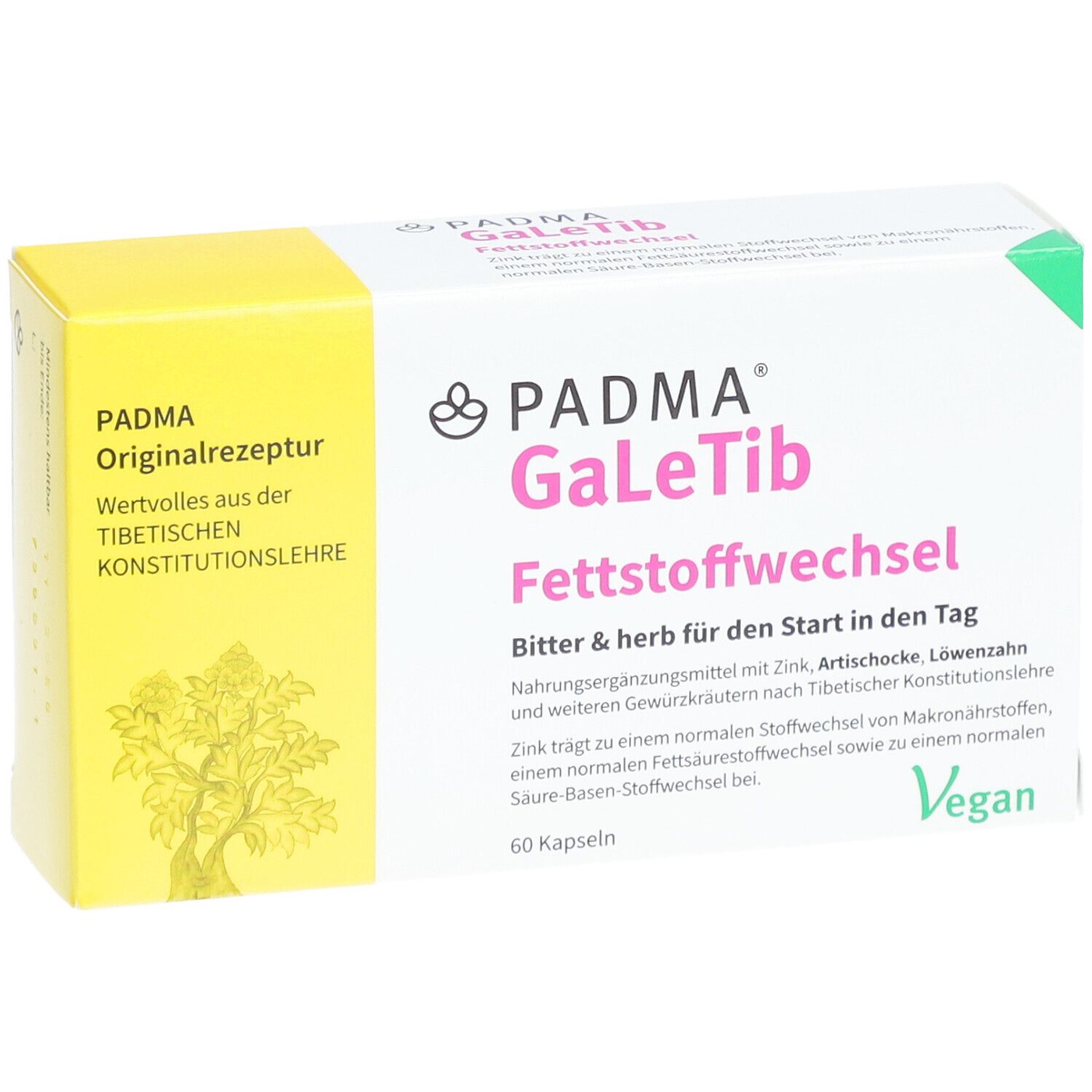 PADMA GaLeTib-Verpackung. Weiß und gelb. Text: Fettstoffwechsel, 60 Kapseln, Vegan. Logo und Schriftzug PADMA.