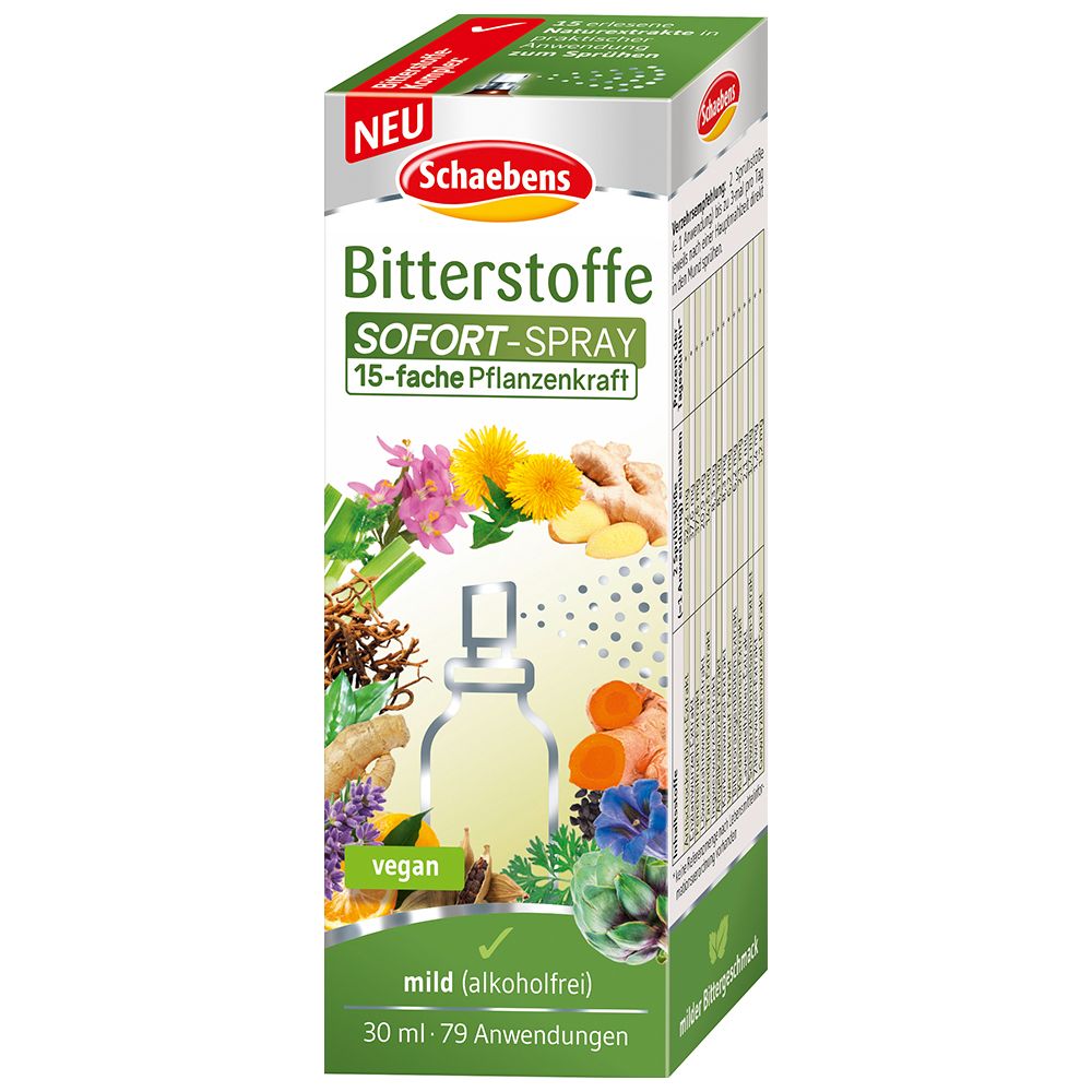 Emballage du produit avec inscription : Schaebens Bitterstoffe SOFORT-SPRAY. Vegan, doux (sans alcool). 30 ml, 79 utilisations. Avec herbes.