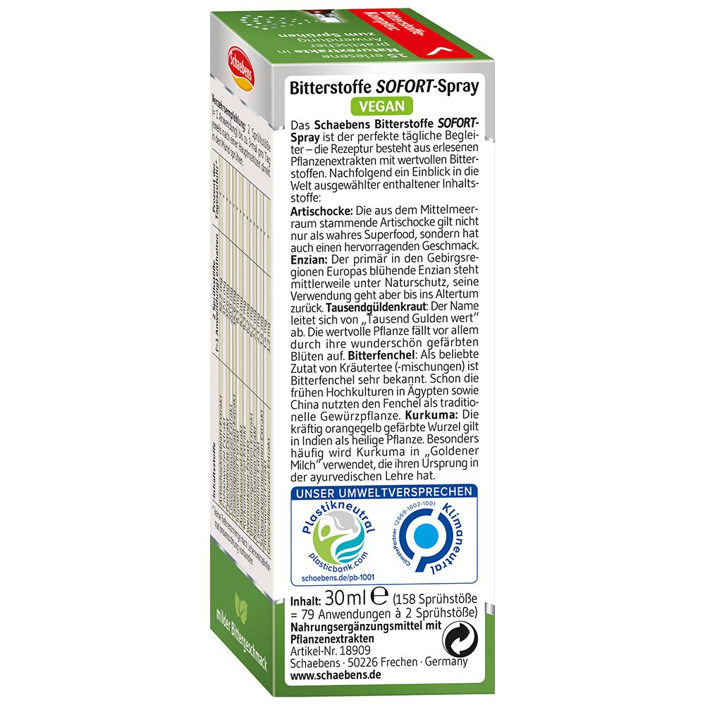 Dos de l'emballage du produit. Texte sur Schaebens Bitterstoffe SOFORT-SPRAY. Vegan. Informations sur les ingrédients et l'environnement.