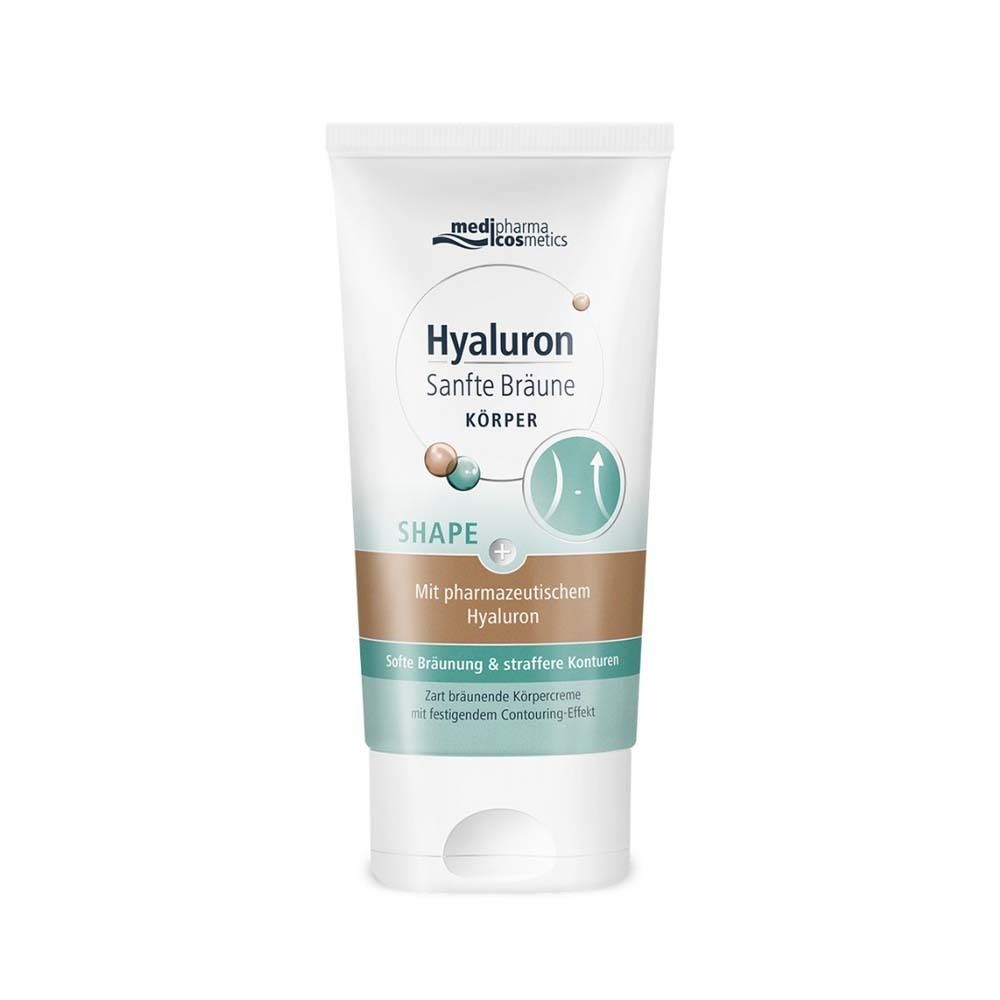 Tube de crème avec nom et logo du produit. Couleurs marron et blanc. Texte : Hyaluron Sanfte Bräune Körper.