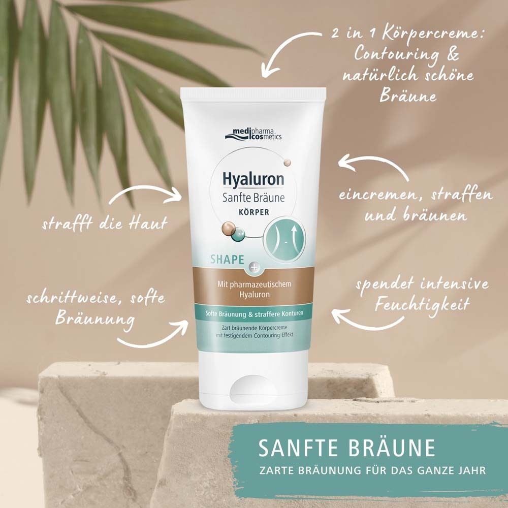 Tube de crème avec texte et flèches. Texte : Hyaluron Sanfte Bräune Körper. Crème corporelle 2 en 1. Raffermit la peau.
