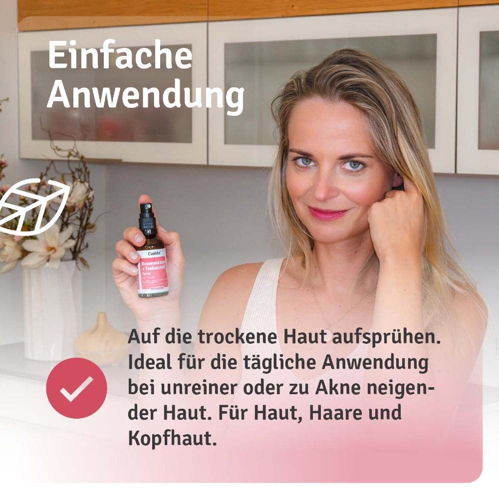 Femme tenant un flacon. Texte : Vaporiser sur peau sèche. Idéal pour une utilisation quotidienne sur peau impure.