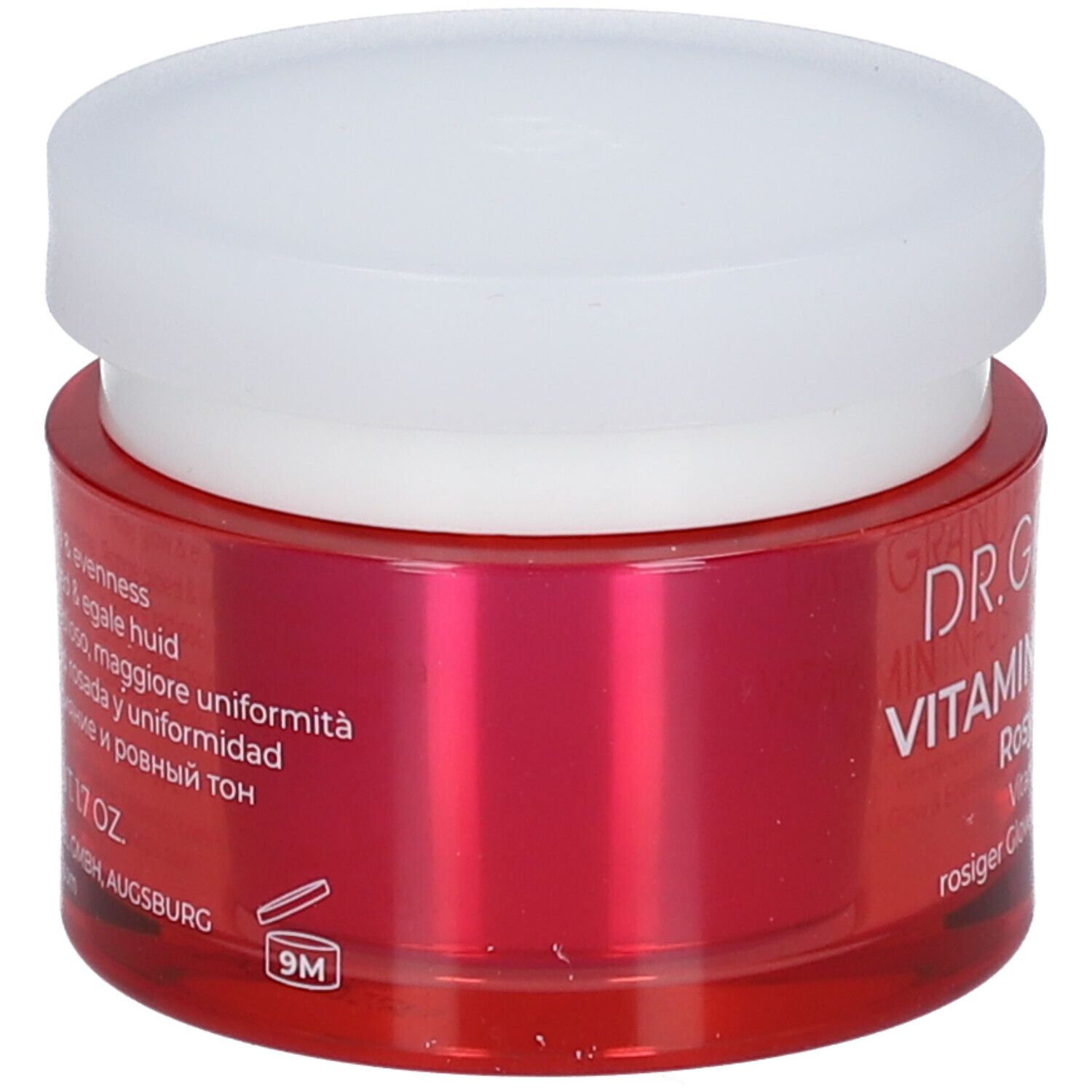 Roter Tiegel mit weißem Deckel. Aufschrift: DR. GRANDEL Vitamin Infusion Rosy Cream. Text in mehreren Sprachen.