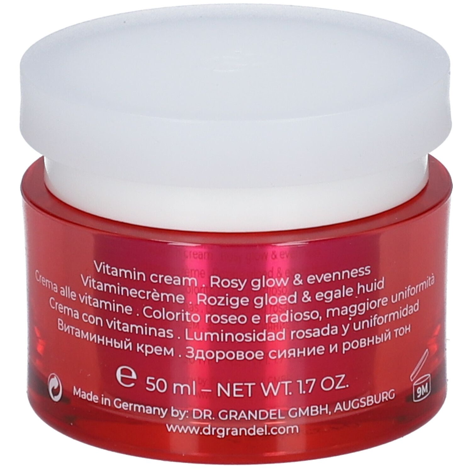 Roter Tiegel mit weißem Deckel. Aufschrift: DR. GRANDEL Vitamin Infusion Rosy Cream. Text in mehreren Sprachen. 50 ml.