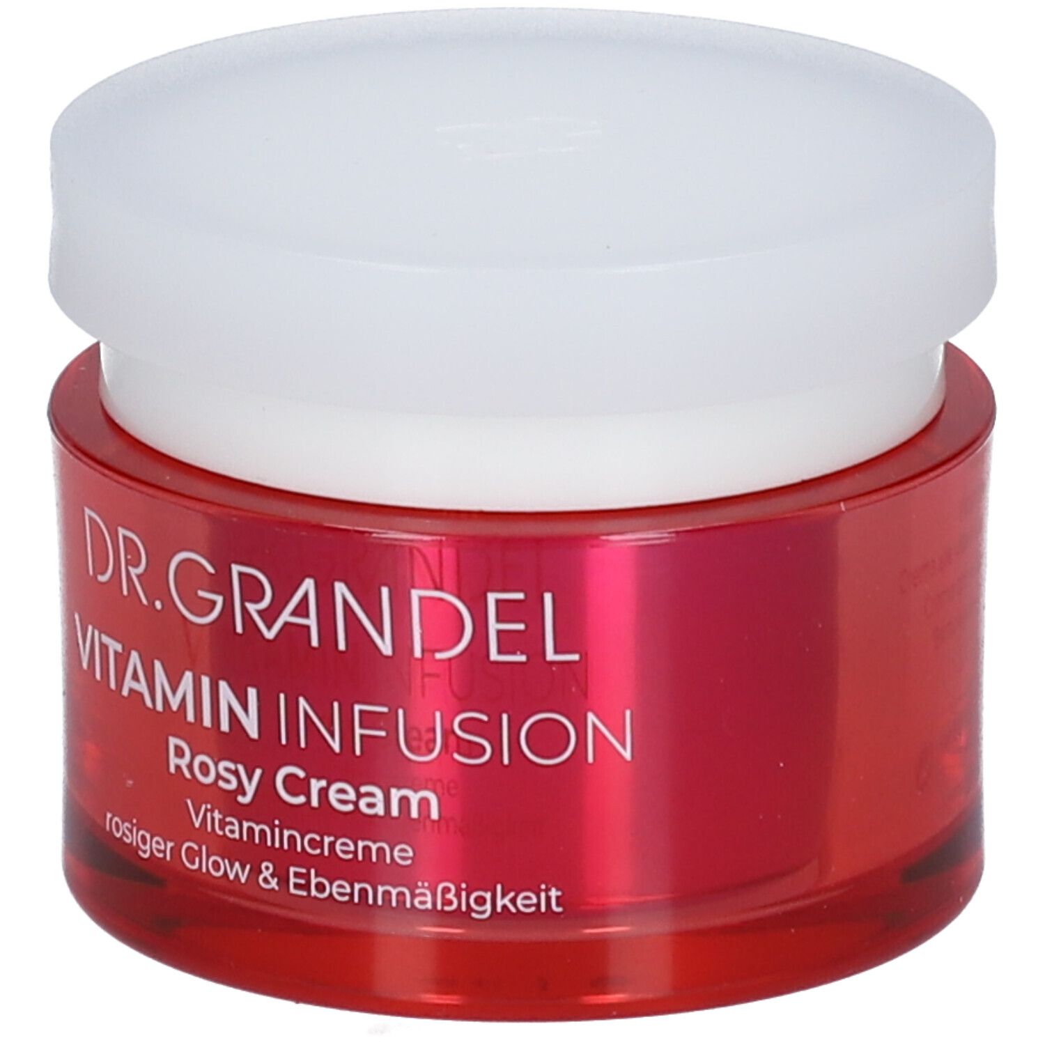 Roter Tiegel mit weißem Deckel. Aufschrift: DR. GRANDEL Vitamin Infusion Rosy Cream. Vitamincreme für rosigen Glow & Ebenmäßigkeit.