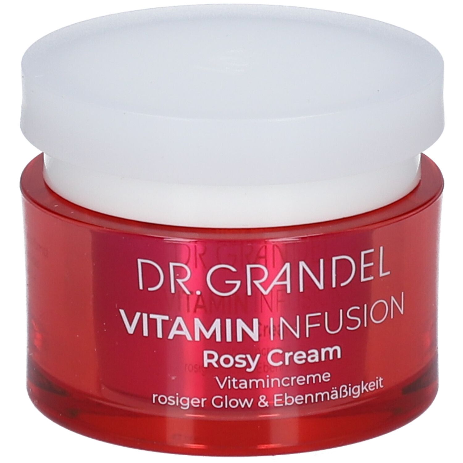 Roter Tiegel mit weißem Deckel. Aufschrift: DR. GRANDEL Vitamin Infusion Rosy Cream. Vitamincreme für rosigen Glow & Ebenmäßigkeit.
