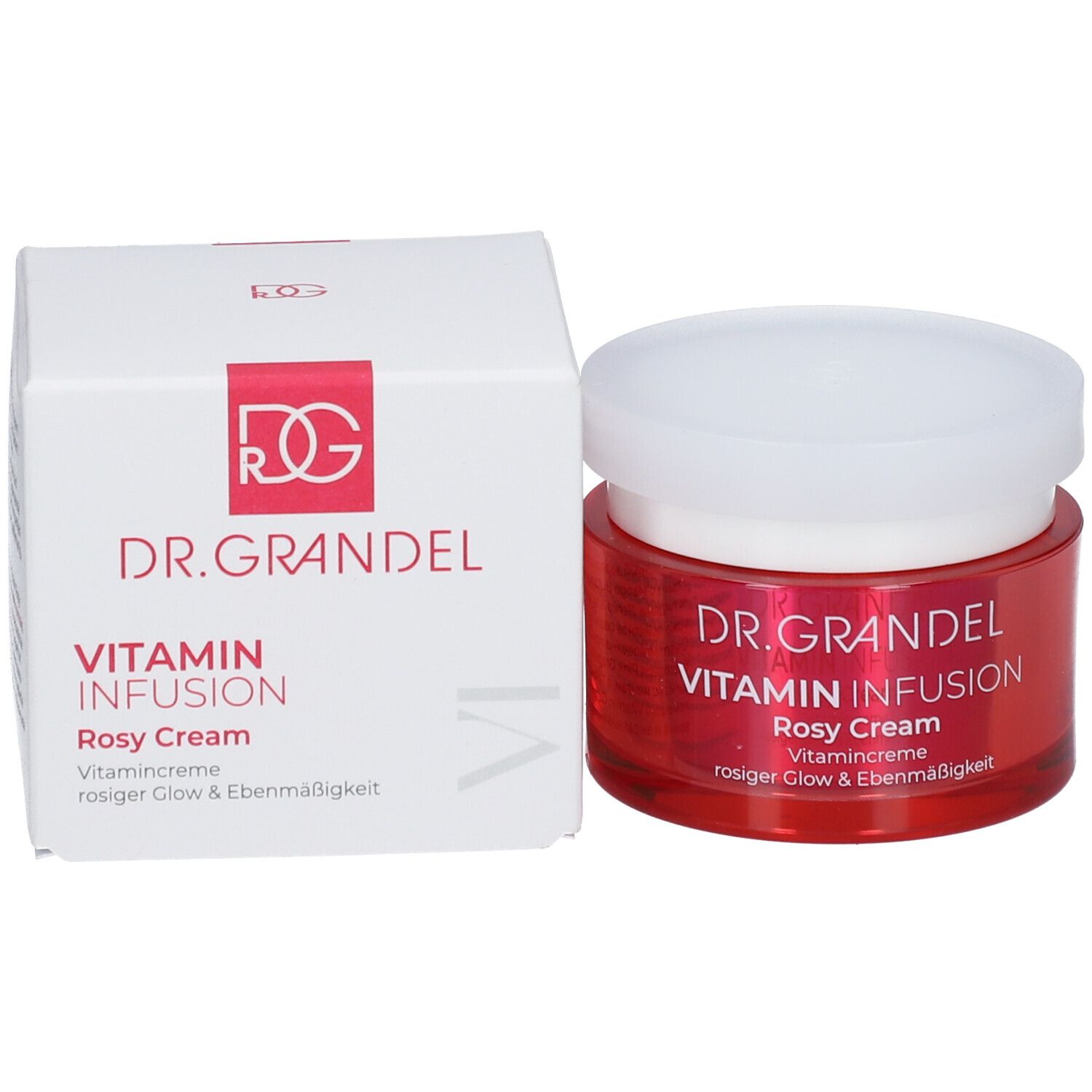 Roter Tiegel mit weißem Deckel und Karton. Aufschrift: DR. GRANDEL Vitamin Infusion Rosy Cream. Vitamincreme für rosigen Glow & Ebenmäßigkeit.