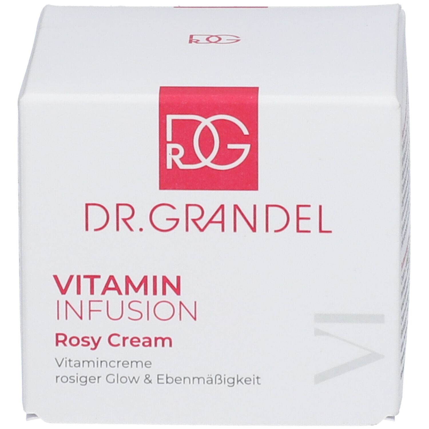 Weiße Schachtel mit rotem Logo und Aufschrift: DR. GRANDEL Vitamin Infusion Rosy Cream. Vitamincreme für rosigen Glow & Ebenmäßigkeit.
