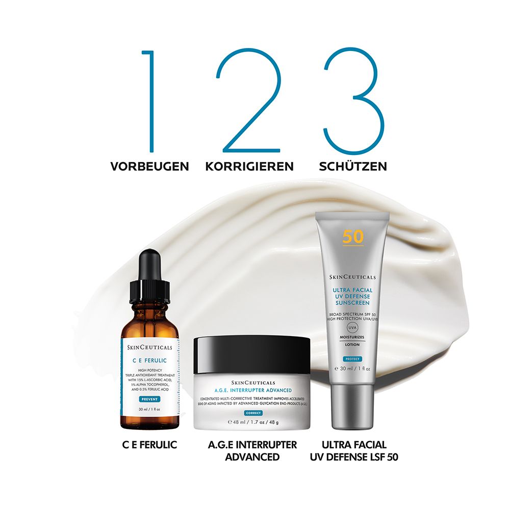 Trois produits : C E Ferulic, A.G.E. Interrupter Advanced, Ultra Facial UV Defense LSF 50.