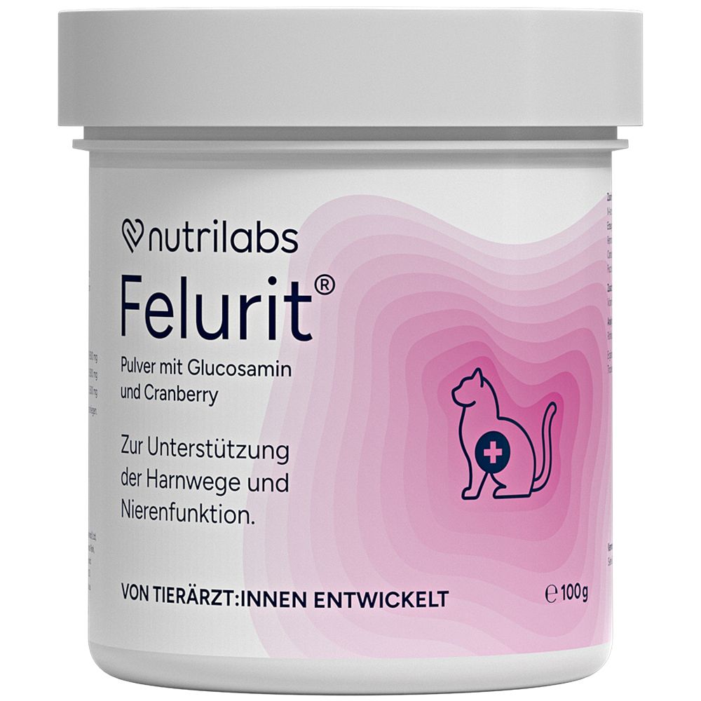 Pot blanc de Felurit® en poudre. Inscription : poudre avec glucosamine et canneberge. Image d'un chat avec symbole médical.