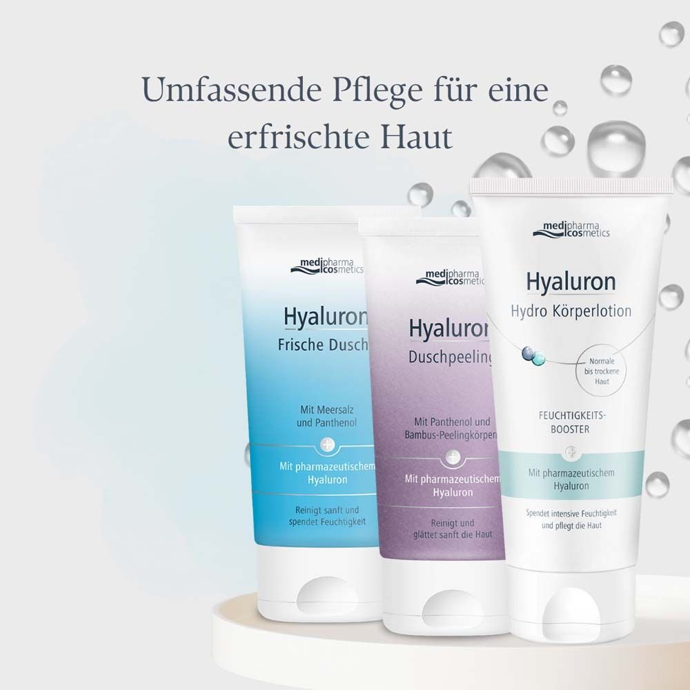 Trois tubes de produits Hyaluron. Hyaluron Frische Dusche, gommage douche et lotion corporelle Hydro. Noms de produits visibles.