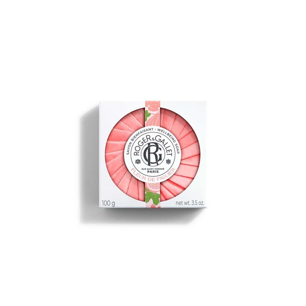 Weiße Schachtel mit runder, rosa Seife. Logo und Schriftzug: ROGER&GALLET, Fleur de Figuier. 100g, 3.5 oz.