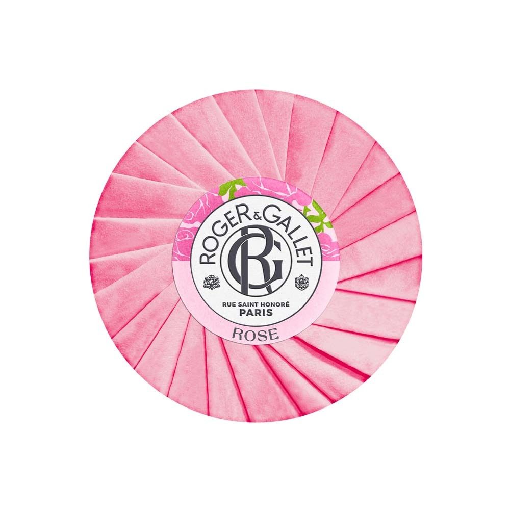 Savon rond rose emballé. Logo et inscription ROSE.
