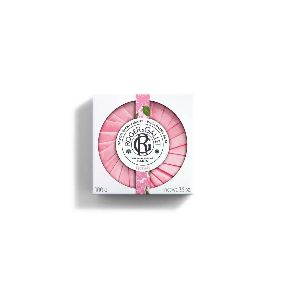 Savon rose dans boîte blanche. Logo, inscription ROSE et poids.