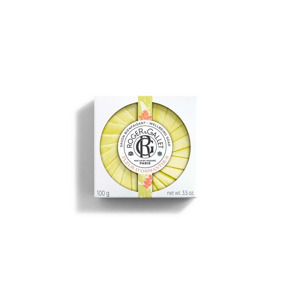 Emballage avec savon rond. Logo et texte: ROGER&GALLET, Fleur d'Osmanthus, Paris. 100g.