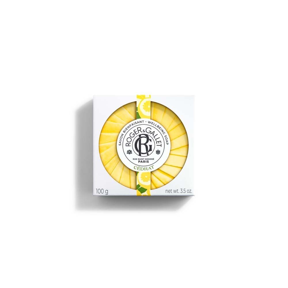 Boîte blanche avec savon rond jaune. Inscriptions ROGER&GALLET, Cédrat et autres.