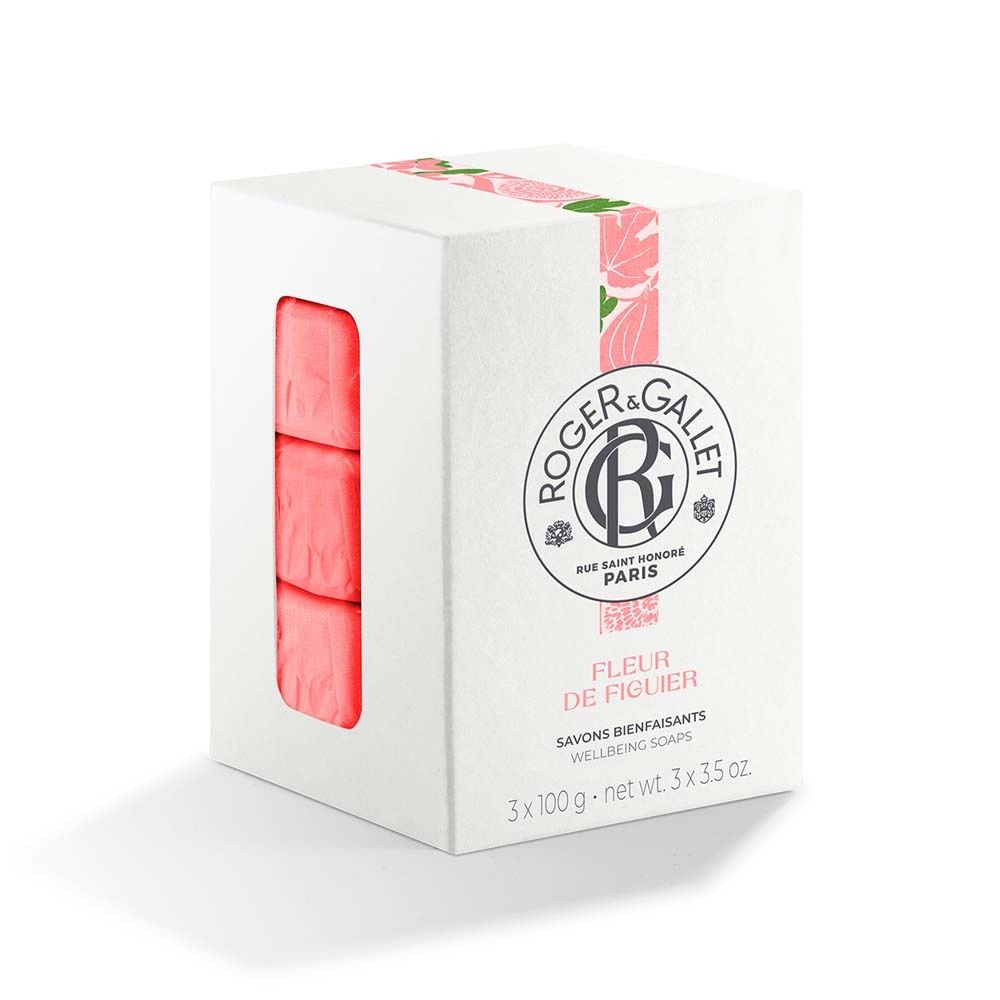 Boîte blanche avec trois savons roses. Logo ROGER&GALLET et nom du produit Fleur de Figuier.