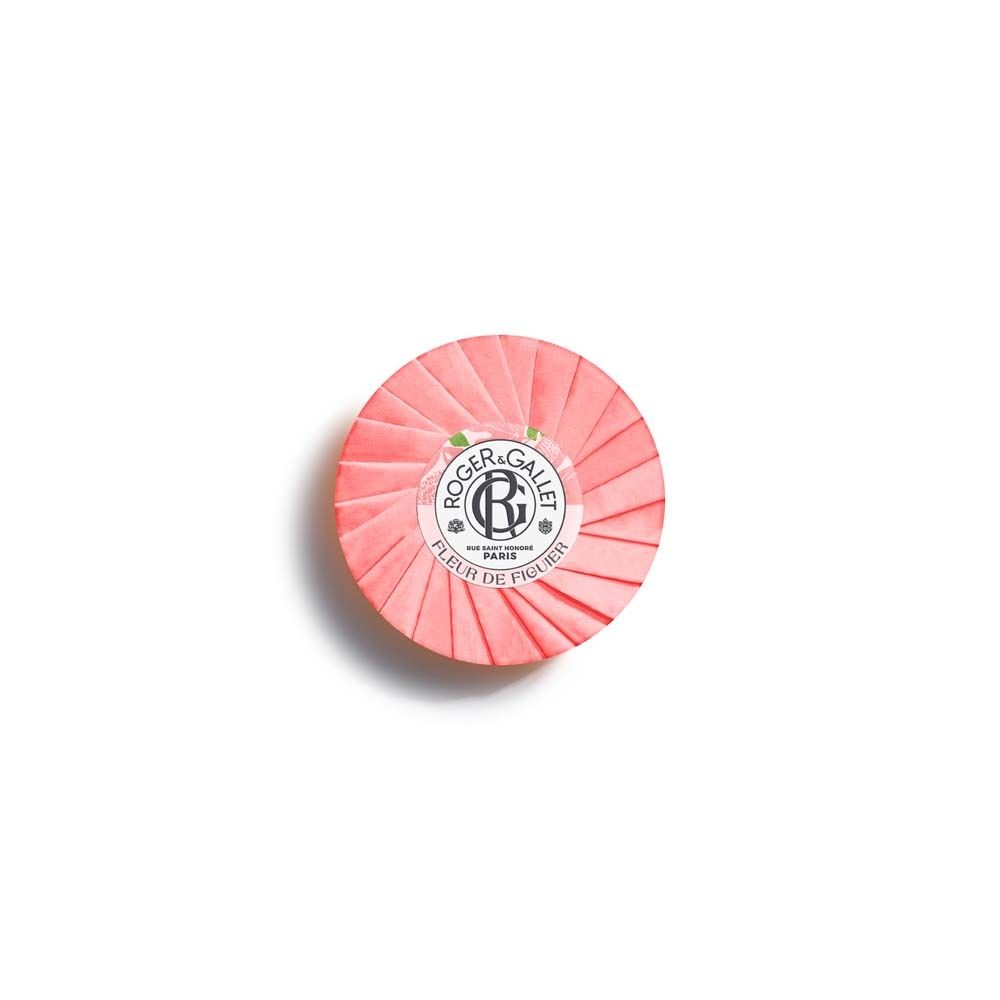 Savon rond rose emballé dans du papier. Logo ROGER&GALLET et nom Fleur de Figuier.