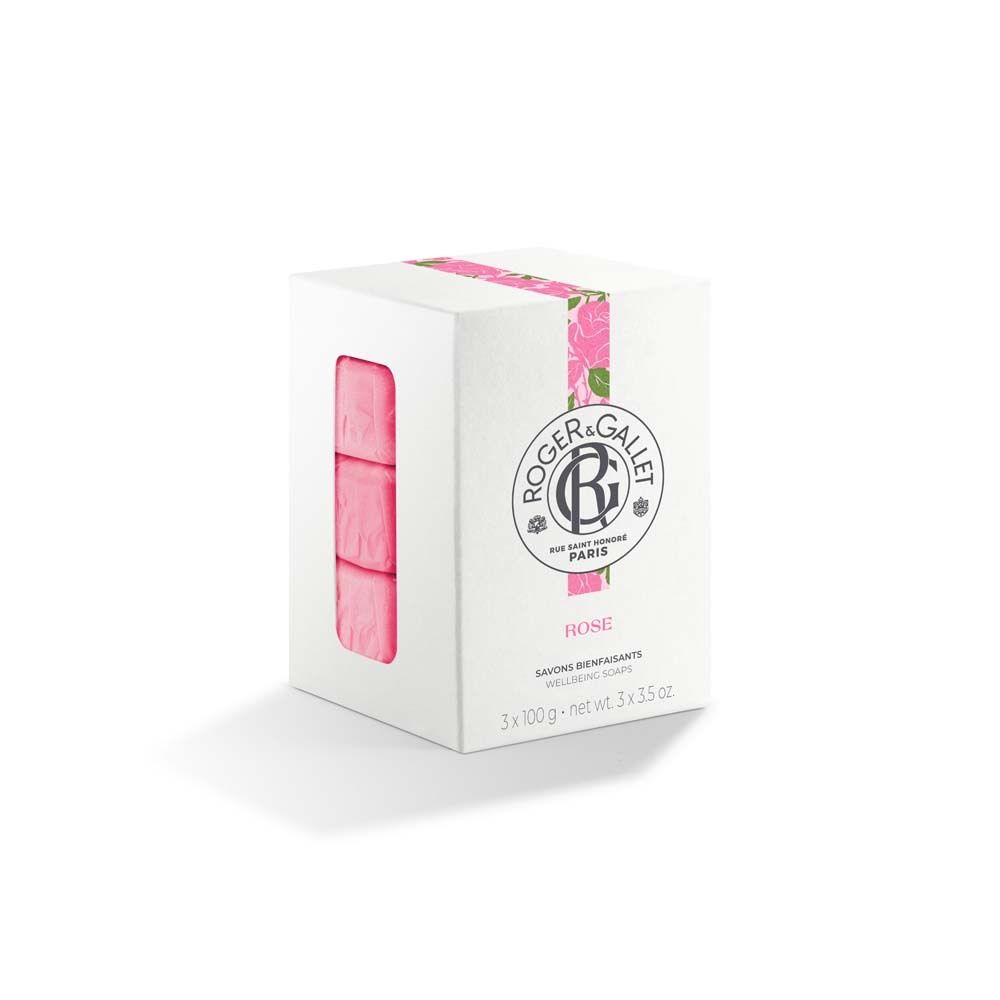 Boîte blanche avec trois savons roses. Logo ROGER&GALLET et inscription "Rose". Emballage avec motif floral.