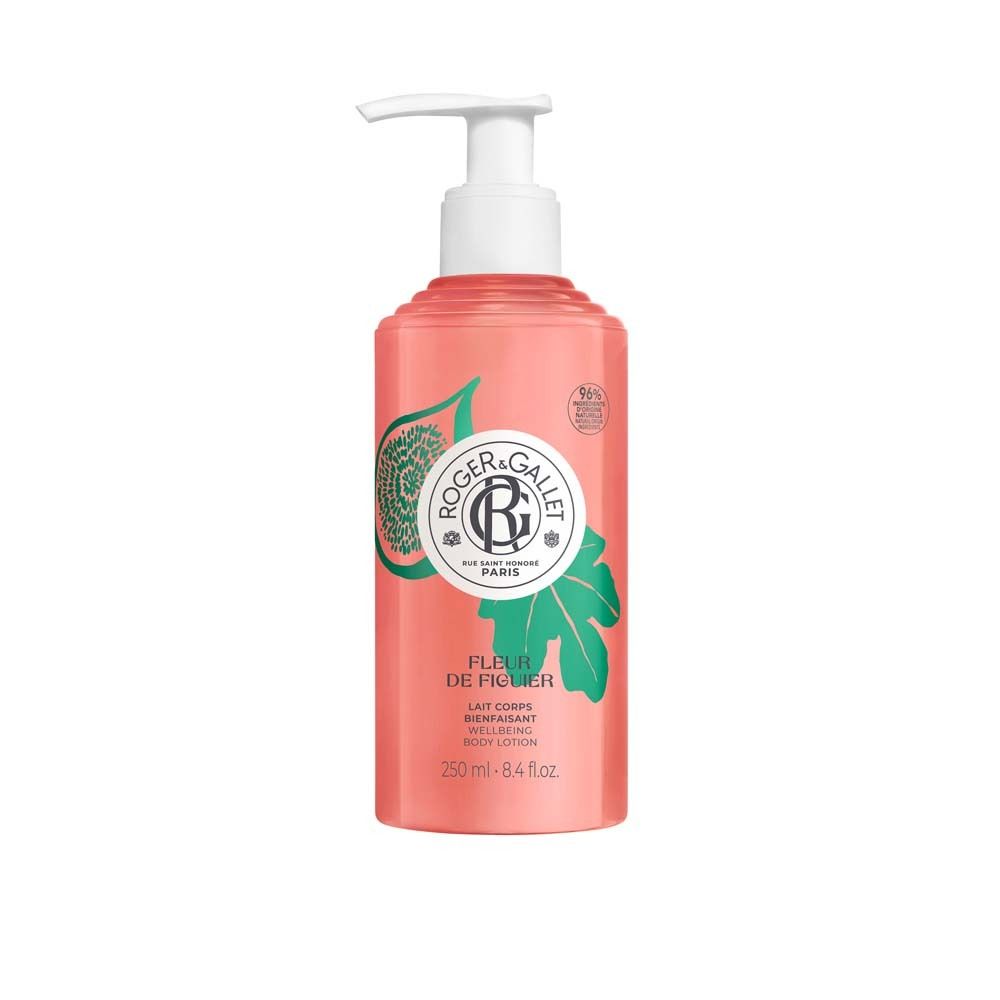 Flacon de lait corporel ROGER&GALLET Fleur de Figuier. Flacon rose avec pompe blanche. Logo et nom du produit.