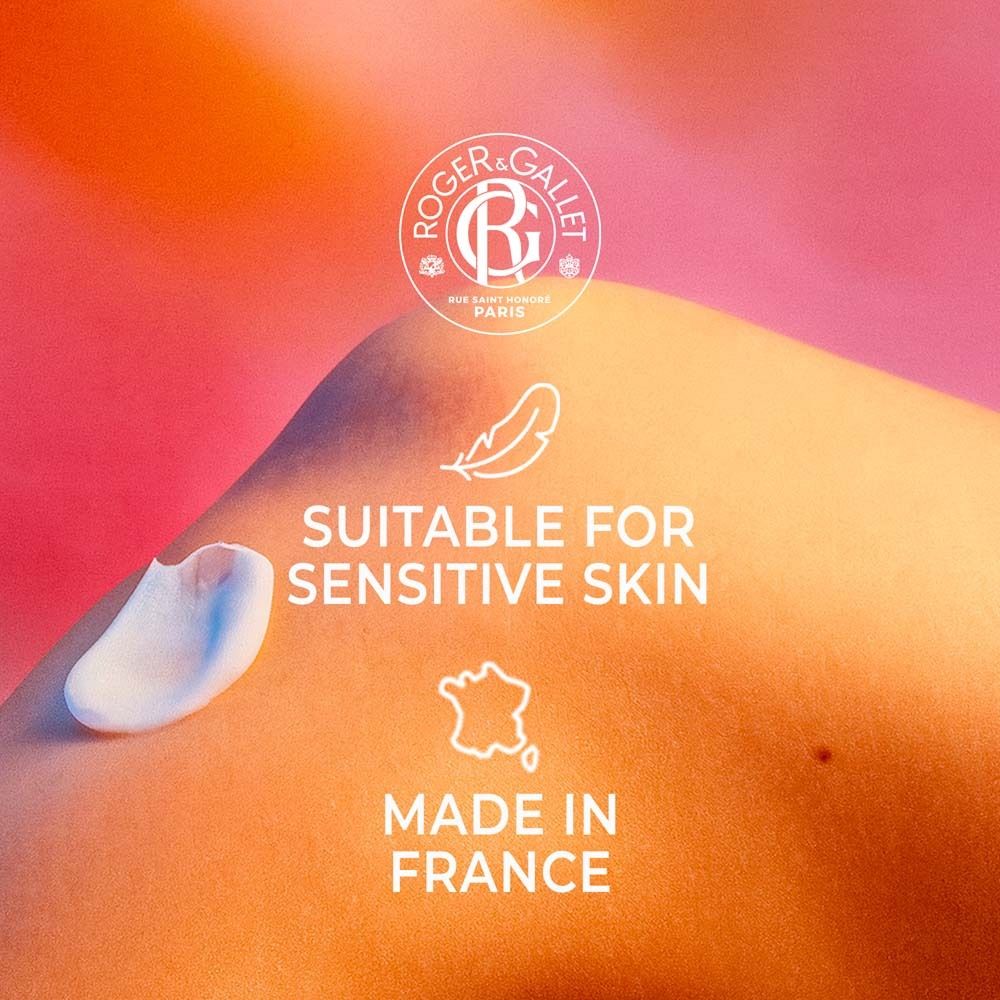 Peau avec produit. Texte: SUITABLE FOR SENSITIVE SKIN, MADE IN FRANCE. Logo ROGER&GALLET.
