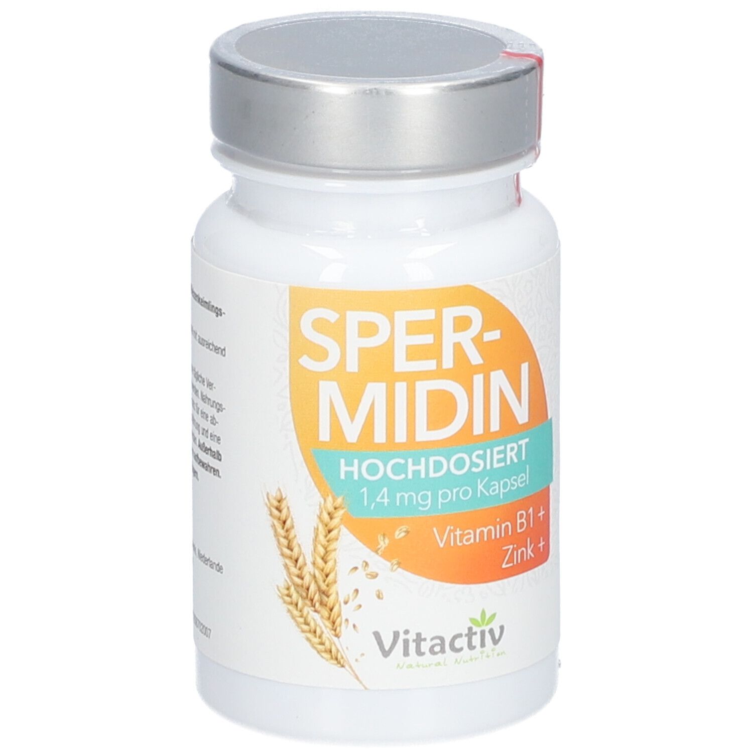 Flacon de gélules. Inscription : SPERMIDIN, Vitamine B1 + Zinc. Logo Vitactiv. Épis de blé.