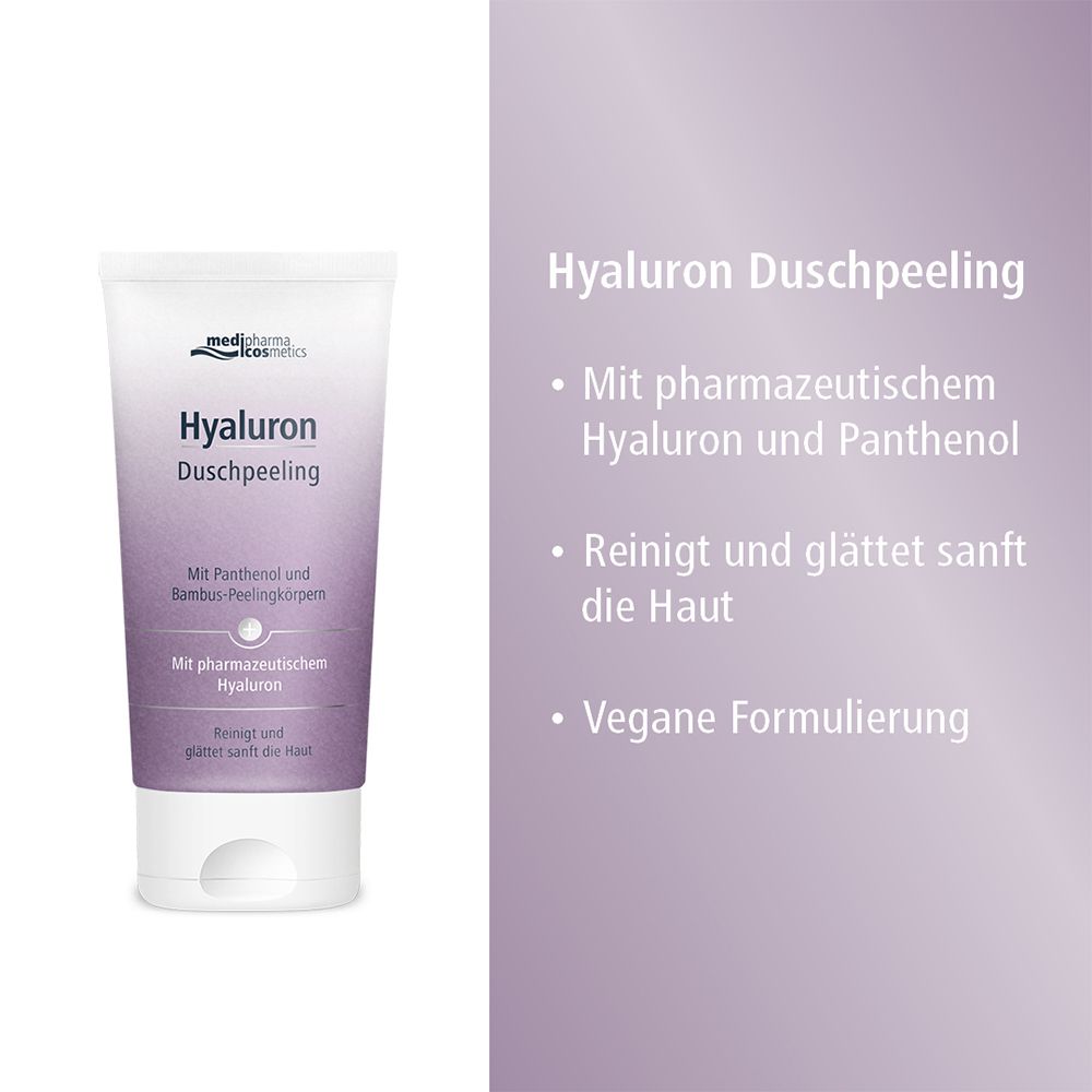 Produkt-Tube neben Text. Text: Hyaluron Duschpeeling. Mit pharmazeutischem Hyaluron und Panthenol. Reinigt und glättet sanft die Haut. Vegane Formulierung.