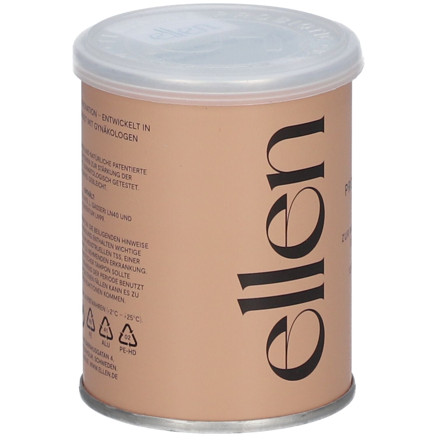 Boîte cylindrique avec couvercle. Inscription : ellen®. Texte sur le côté.