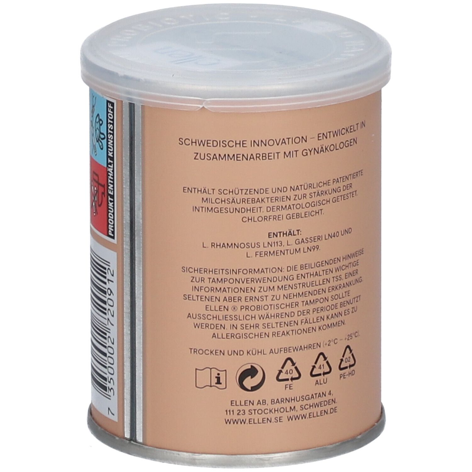 Boîte cylindrique avec couvercle. Inscription : ellen®. Texte et pictogrammes sur le côté.