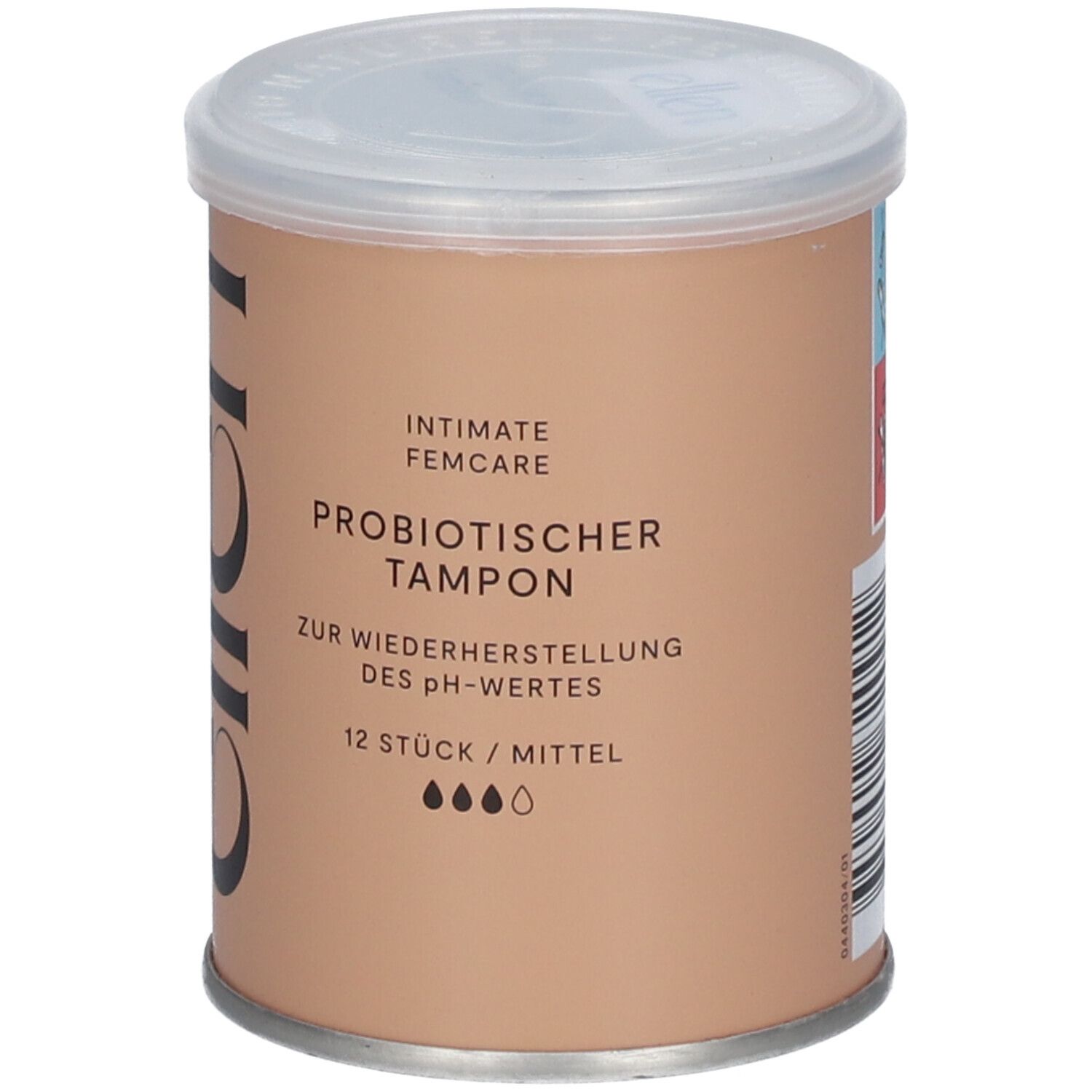 Boîte cylindrique avec couvercle. Inscription : ellen®, Intimate Femcare, tampon probiotique, 12 pièces/moyen.