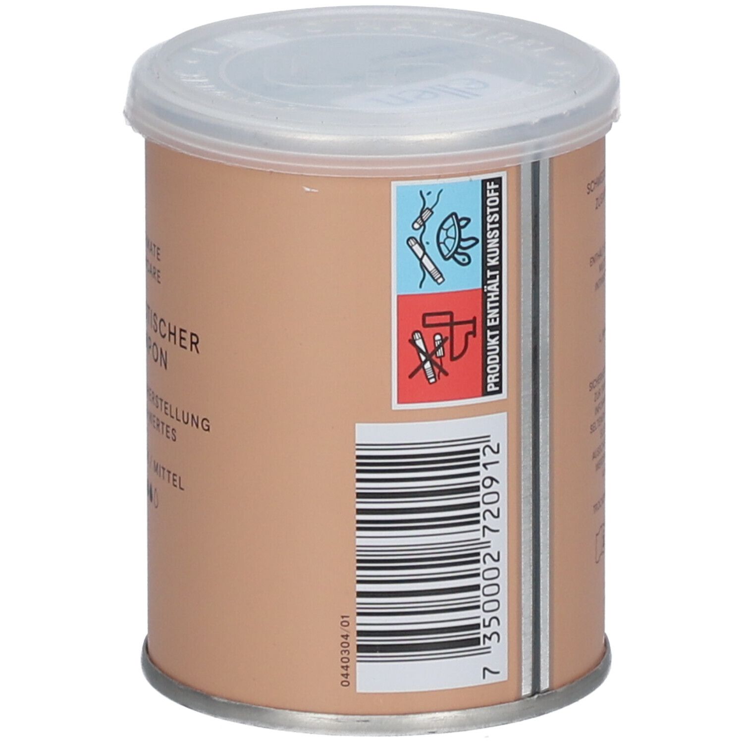 Boîte cylindrique avec couvercle. Inscription : ellen®. Code-barres et texte sur le côté.