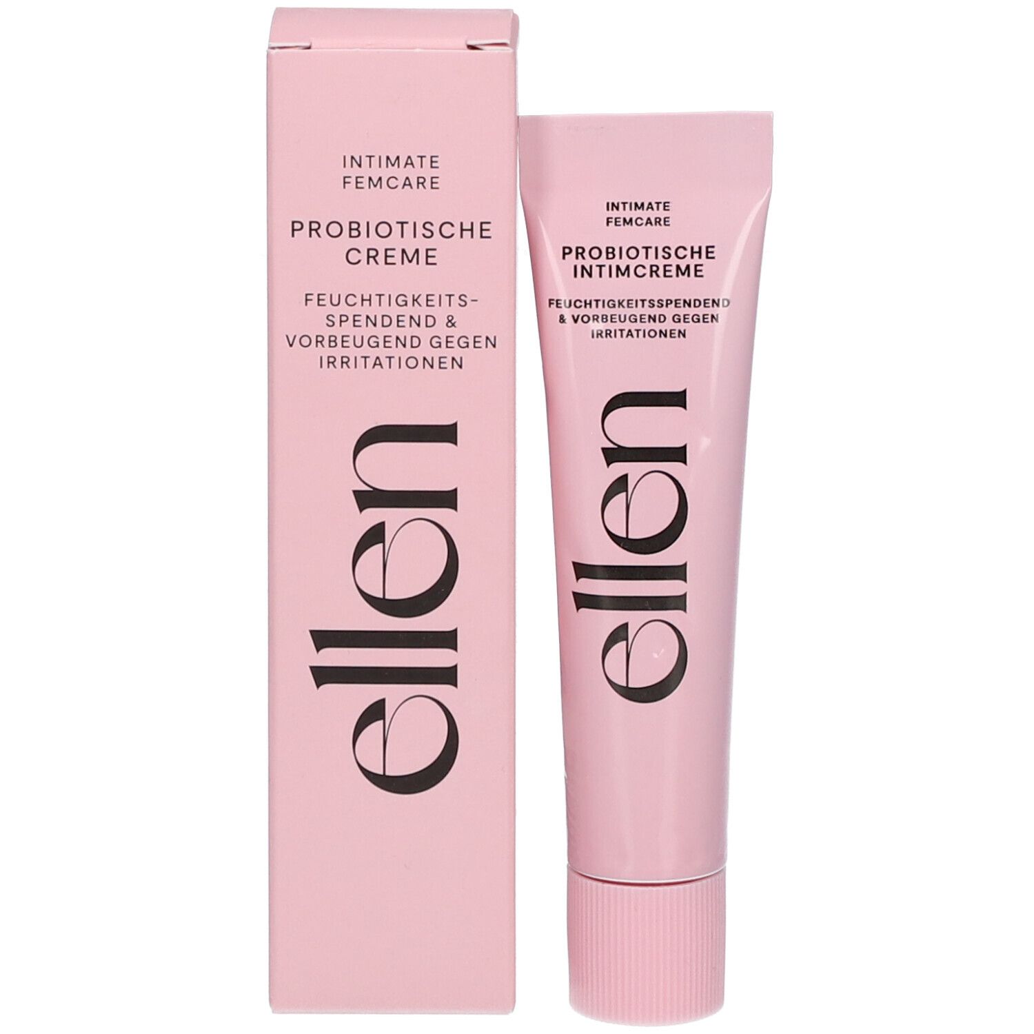 Boîte et tube roses. Boîte avec texte: Crème intime, "ellen". Tube: "ellen", rose.