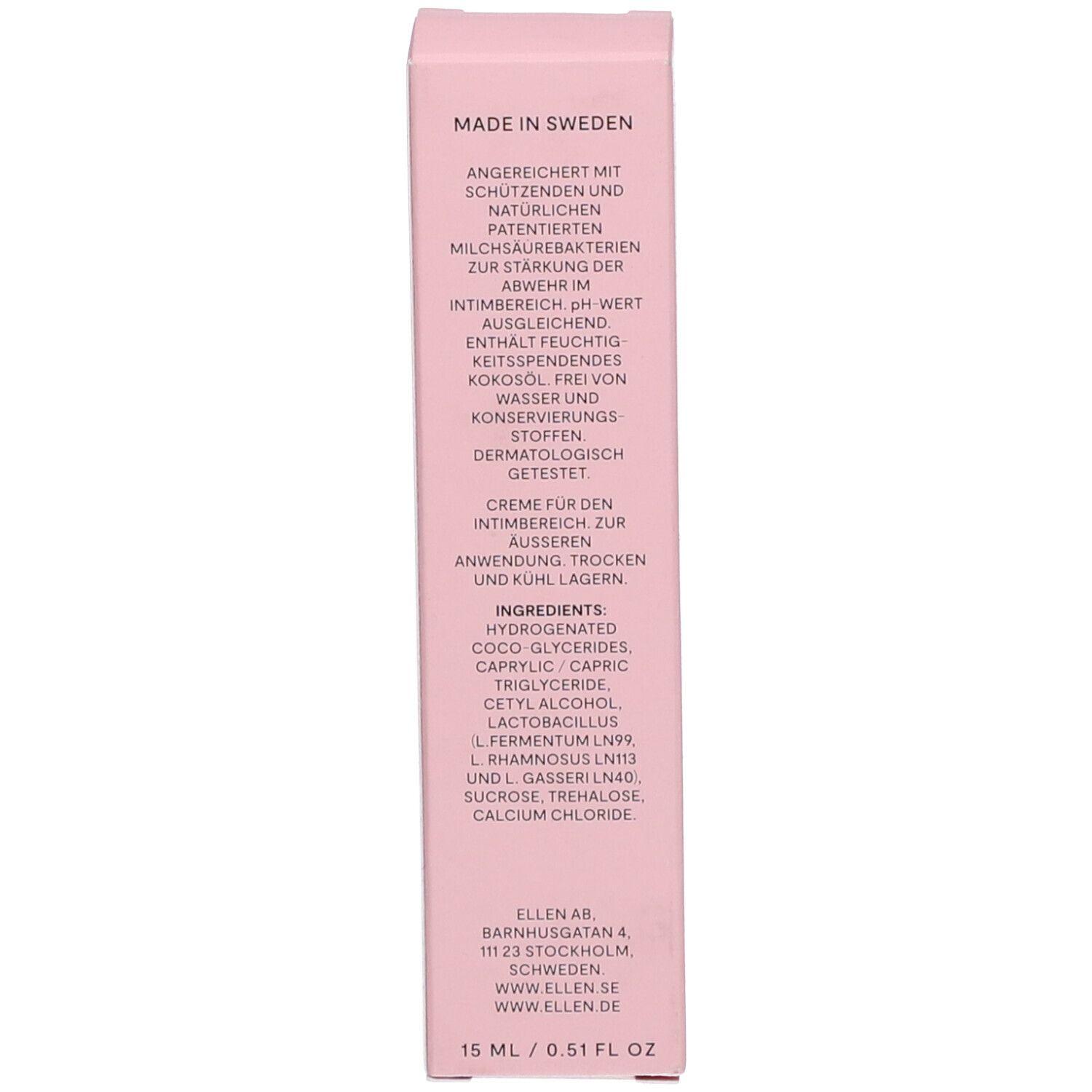 Dos de la boîte. Ingrédients, 15 ml, fabriqué en Suède. Rose.