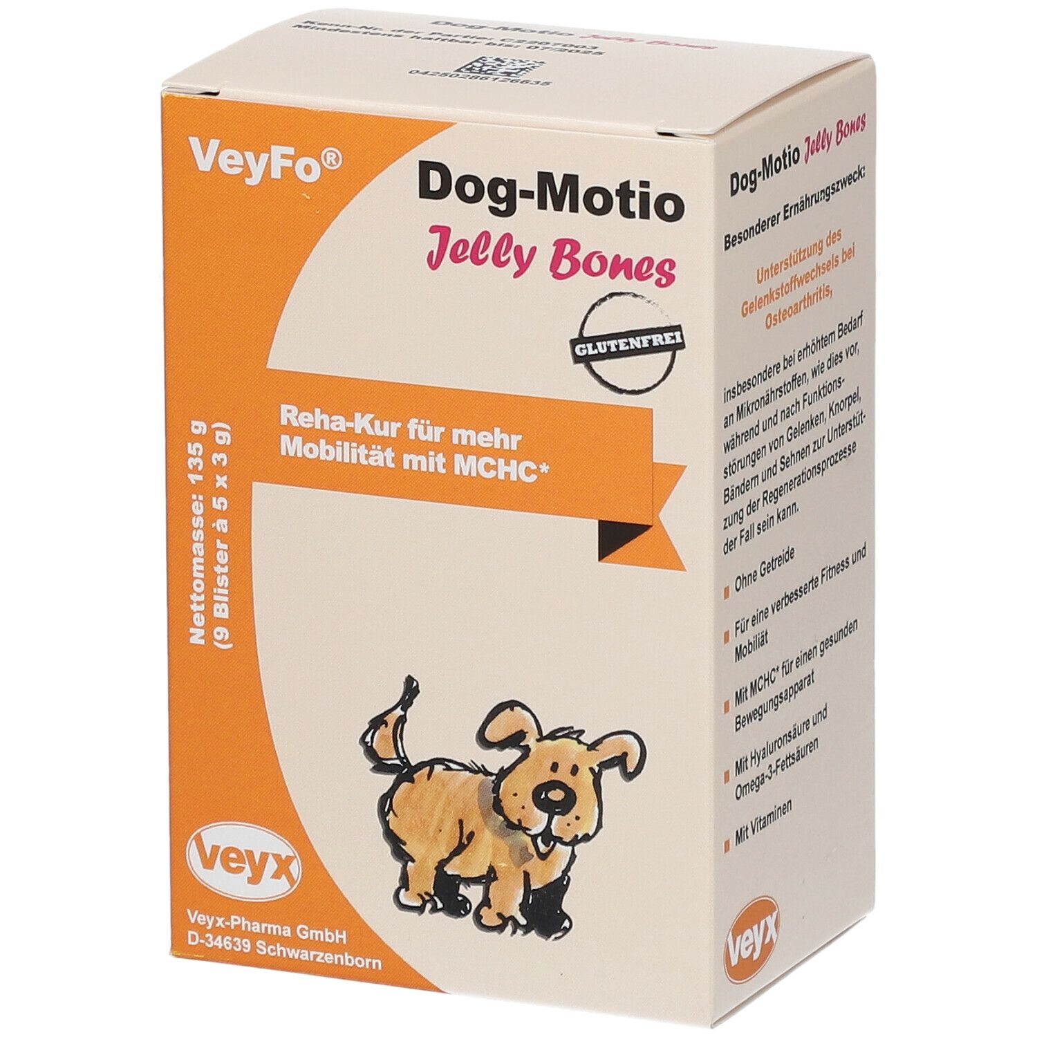 Boîte VeyFo Dog-Motio Jelly Bones. Orange et blanche, nom du produit, illustration de chien et label sans gluten.
