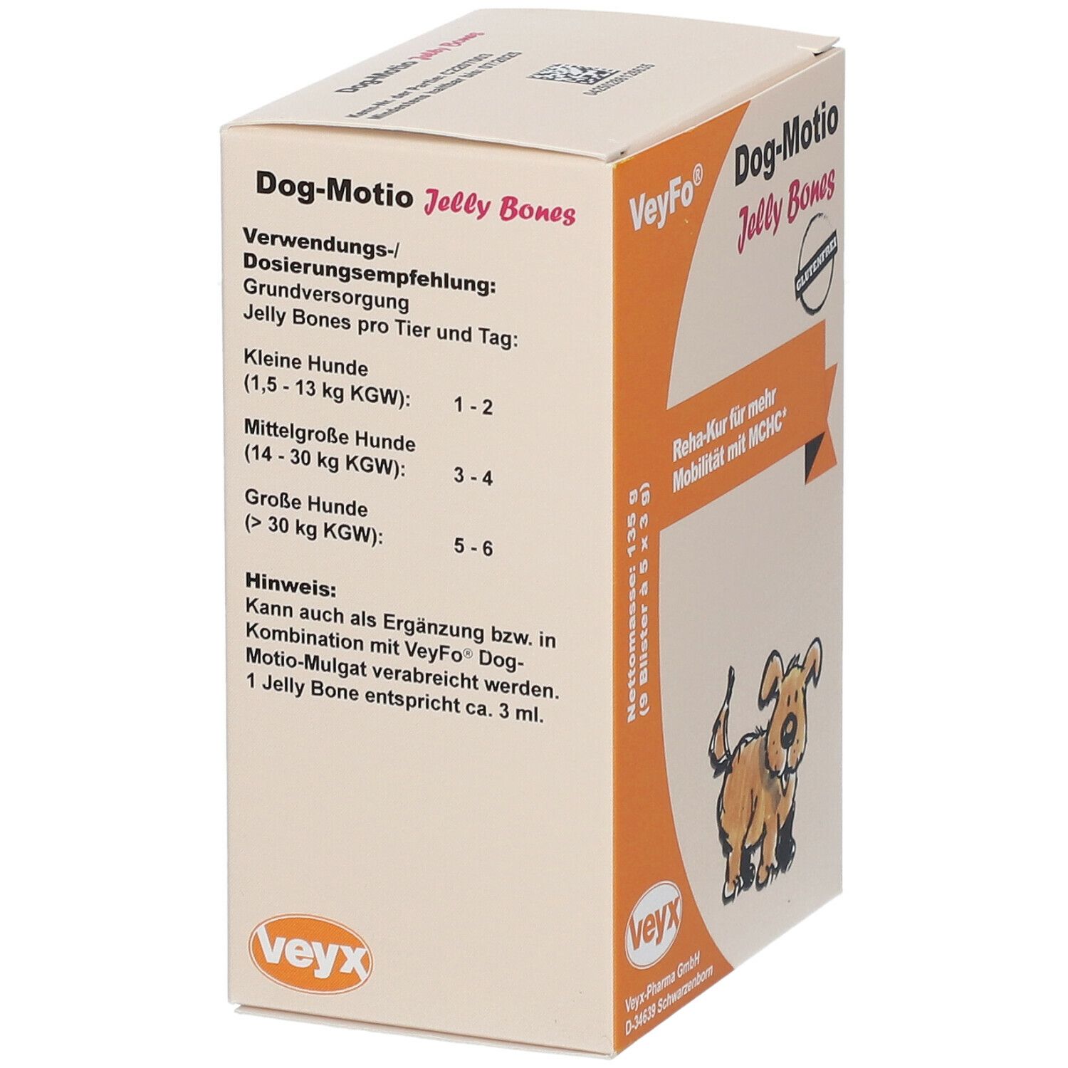 Boîte VeyFo Dog-Motio Jelly Bones. Affiche les recommandations de dosage pour chiens par poids.