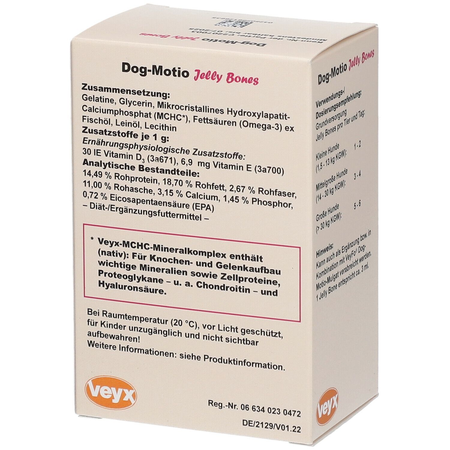 Boîte VeyFo Dog-Motio Jelly Bones. Contient les ingrédients et les composants analytiques.