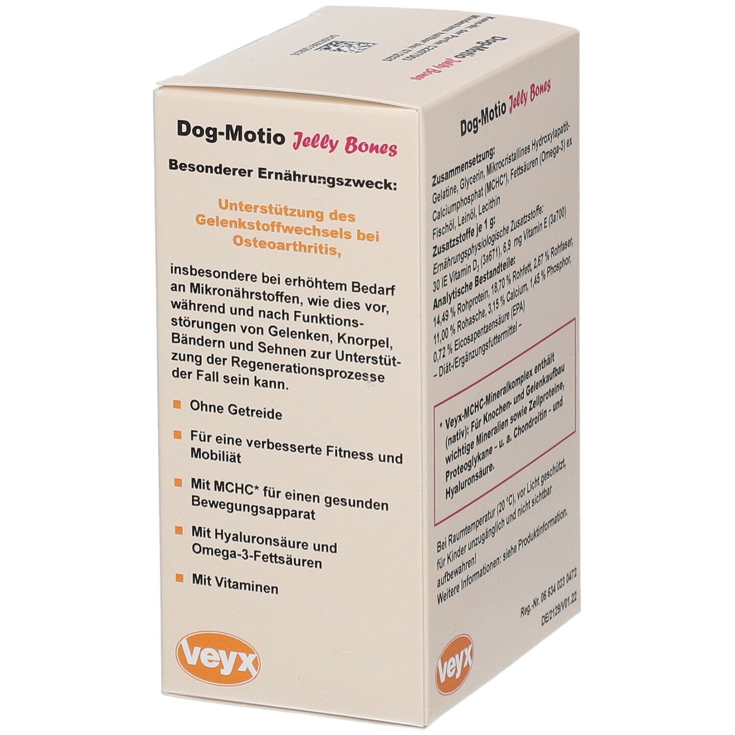 Boîte VeyFo Dog-Motio Jelly Bones. Décrit l'objectif nutritionnel particulier du produit.