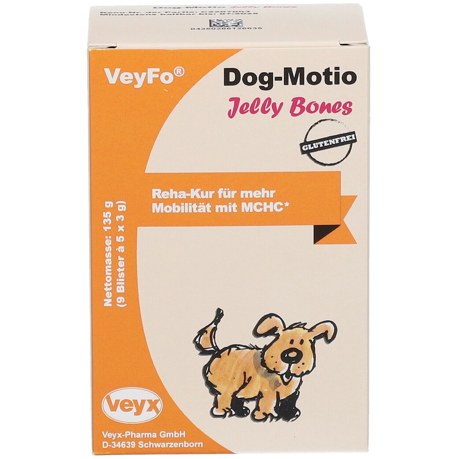 Boîte VeyFo Dog-Motio Jelly Bones. Orange et blanche, nom du produit, illustration de chien et label sans gluten.