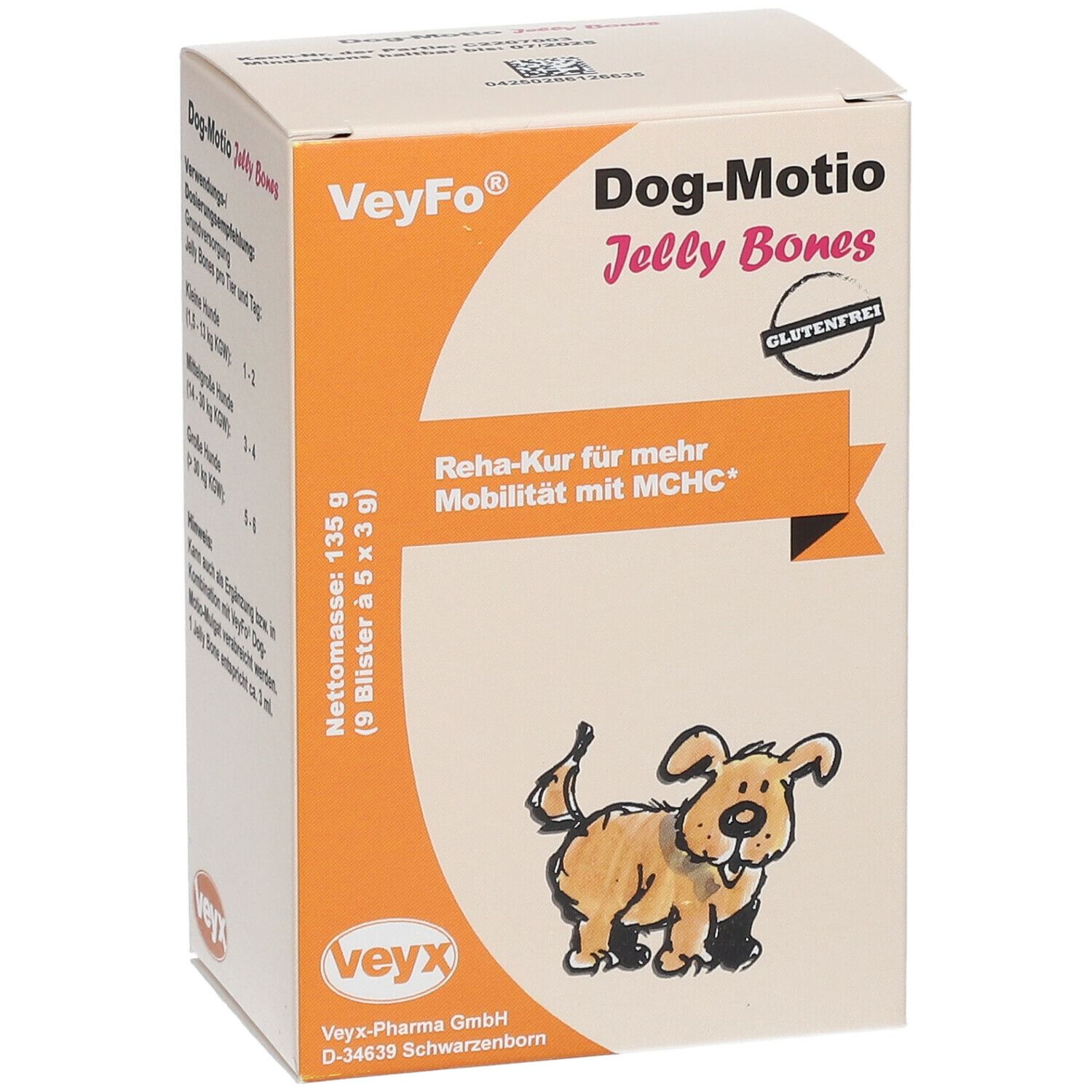 Boîte VeyFo Dog-Motio Jelly Bones. Orange et blanche, nom du produit, illustration de chien et label sans gluten.