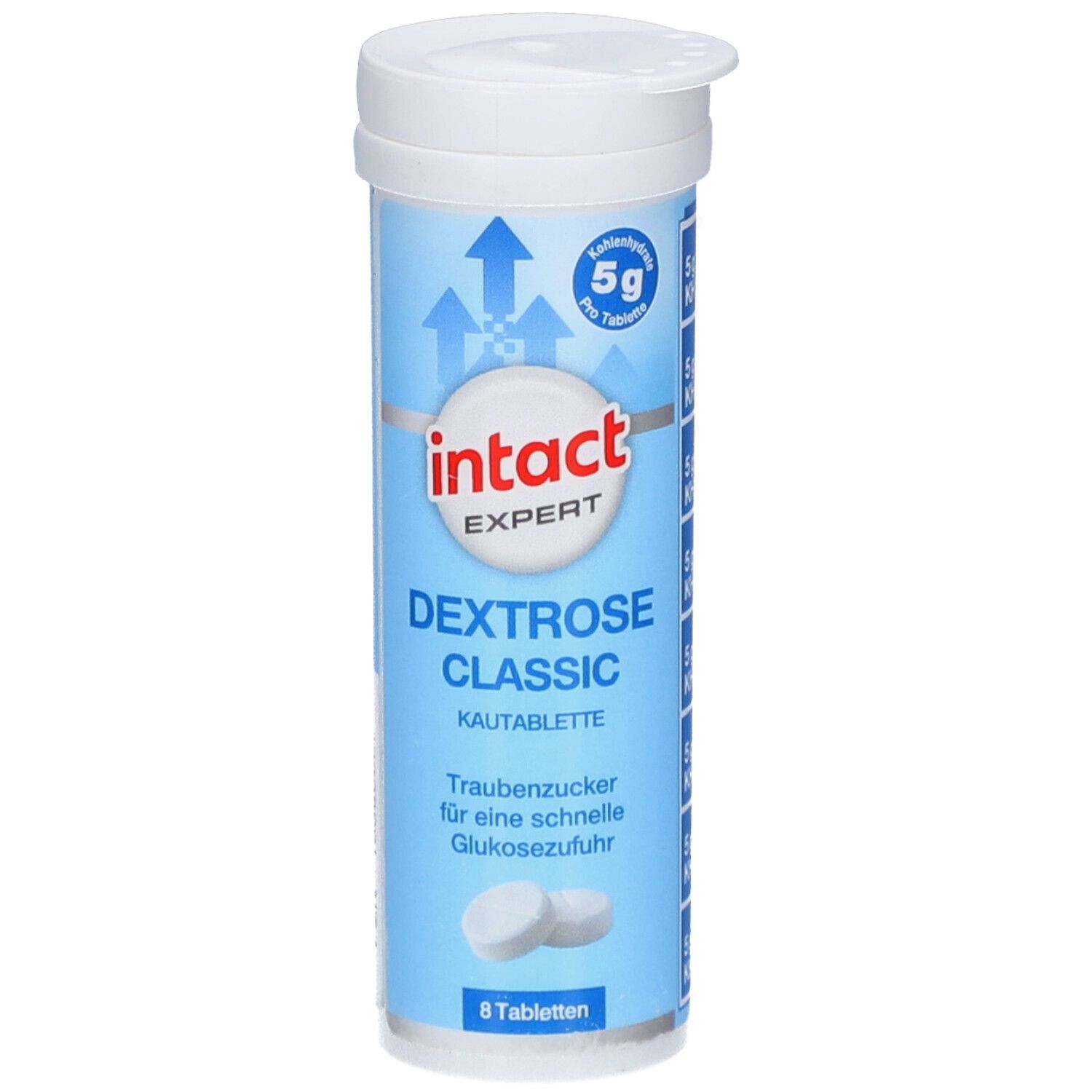 Emballage cylindrique avec "intact EXPERT Dextrose Classic Kautabletten". Contient 8 comprimés. Inscription: Dextrose pour une absorption rapide du glucose.