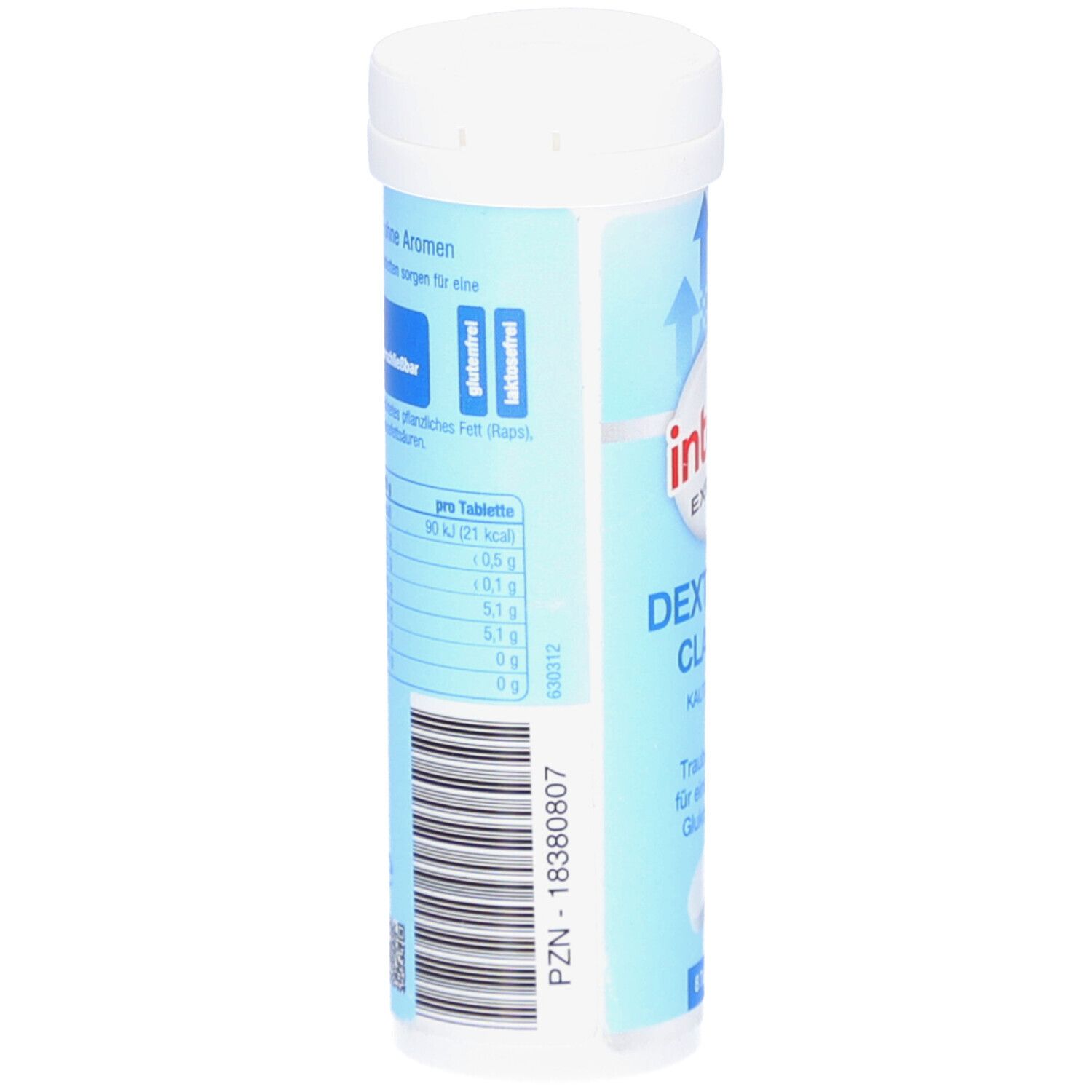 Emballage cylindrique avec informations nutritionnelles et ingrédients. Contient "intact EXPERT Dextrose Classic Kautabletten". PZN-18380807.