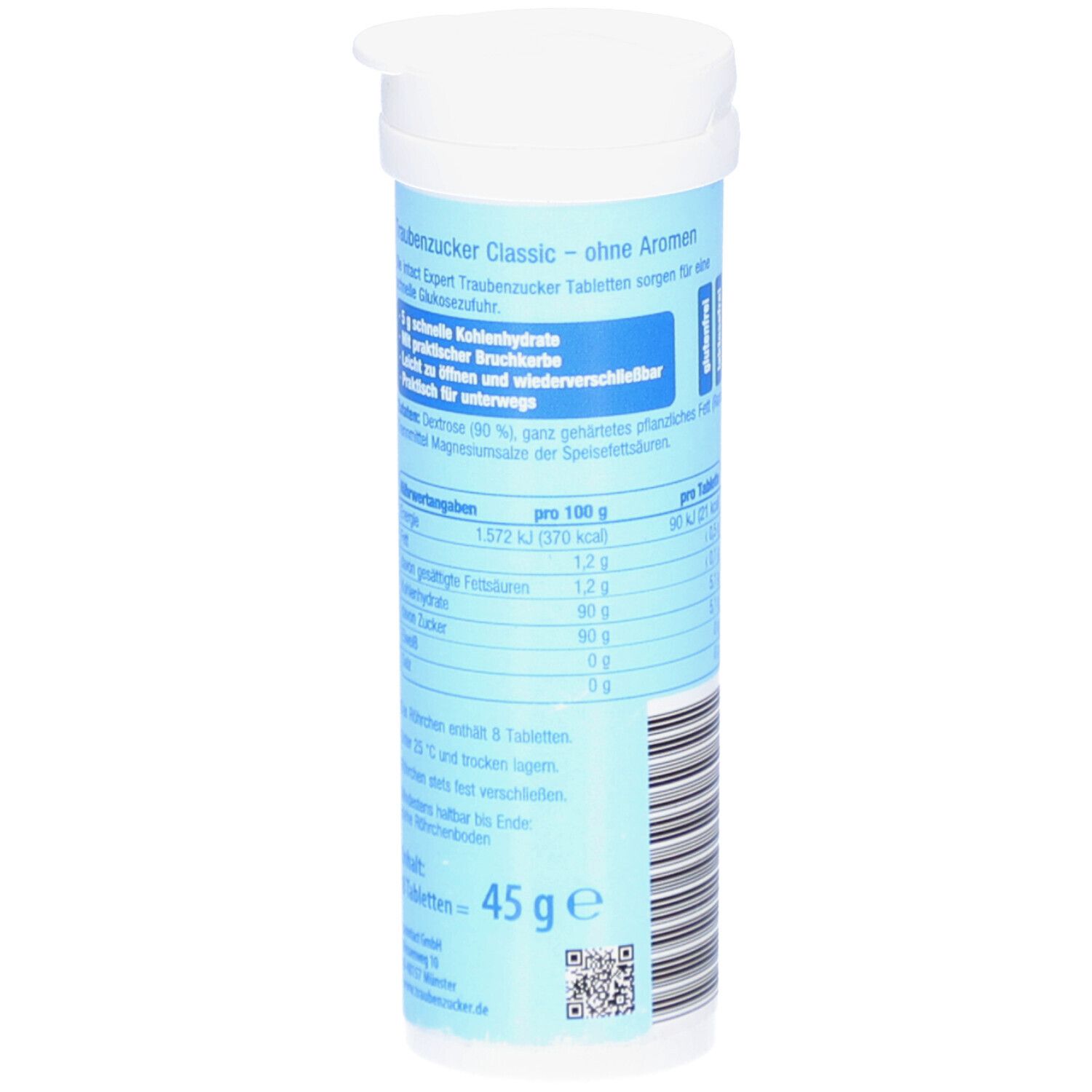 Emballage cylindrique avec informations nutritionnelles et ingrédients. Contient "intact EXPERT Dextrose Classic Kautabletten". Poids: 45g.