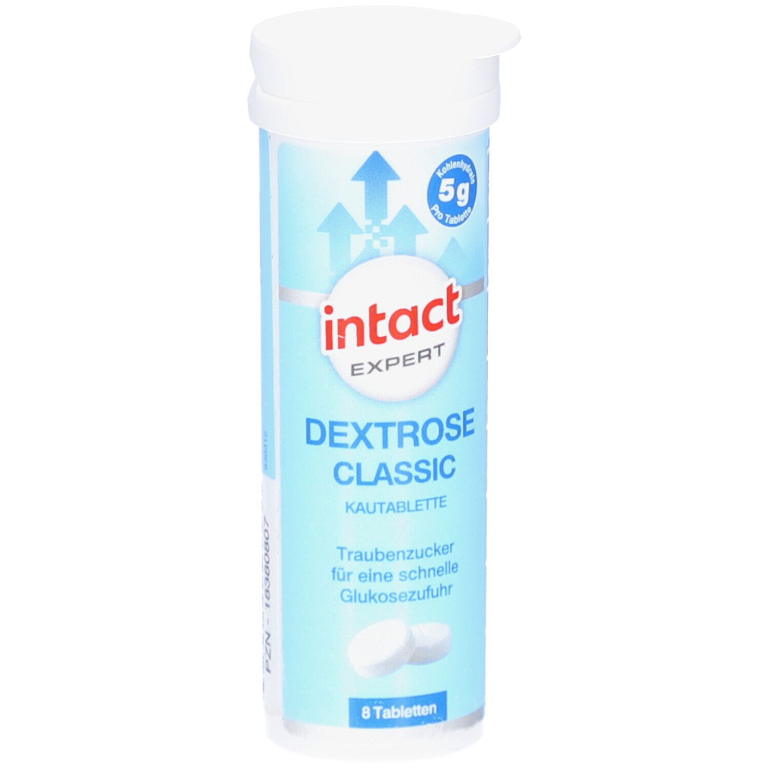 Emballage cylindrique avec "intact EXPERT Dextrose Classic Kautabletten". Contient 8 comprimés. Inscription: Dextrose pour une absorption rapide du glucose.