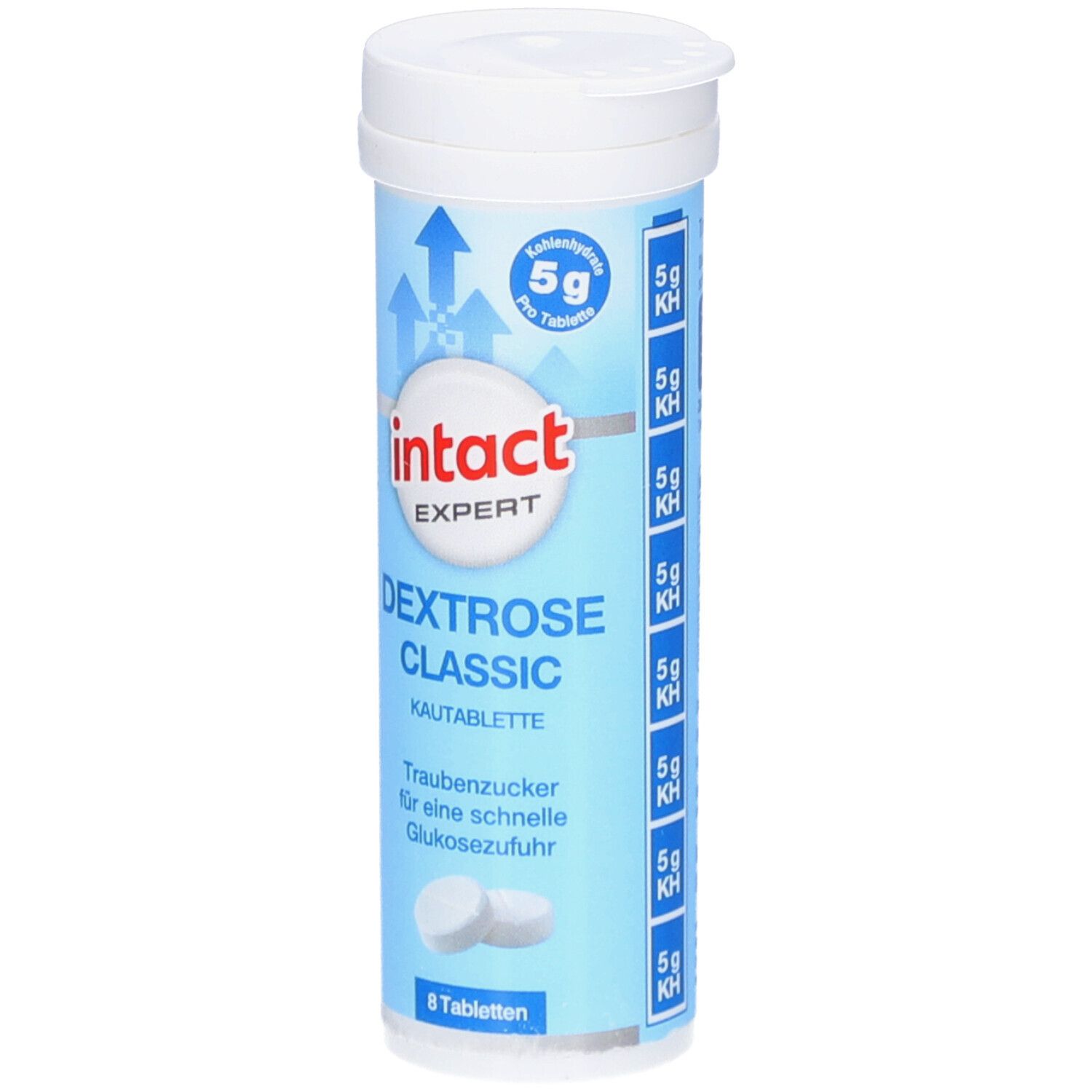 Emballage cylindrique avec "intact EXPERT Dextrose Classic Kautabletten". Contient 8 comprimés. Inscription: Dextrose pour une absorption rapide du glucose.