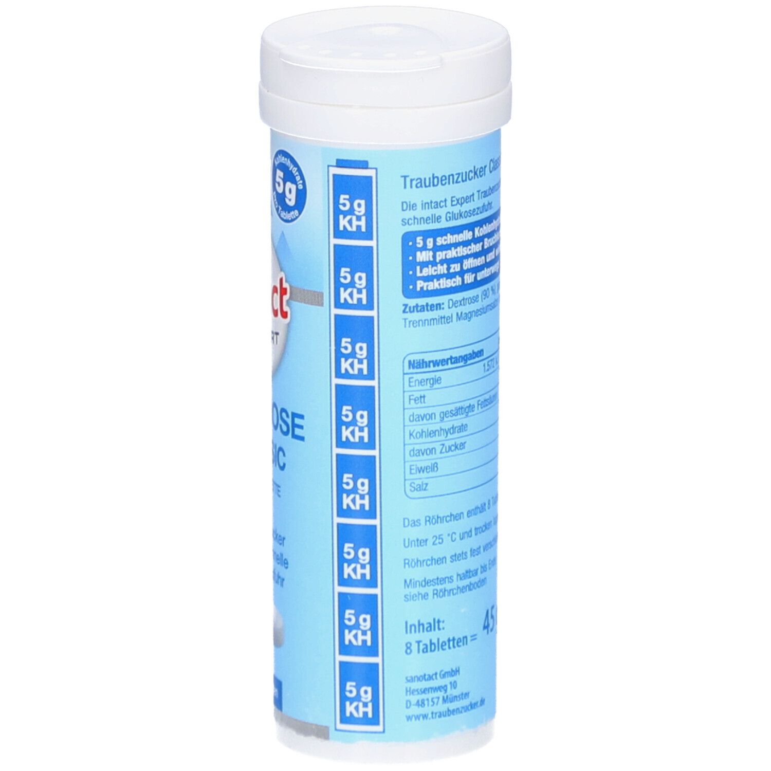 Emballage cylindrique avec informations nutritionnelles et ingrédients. Contient "intact EXPERT Dextrose Classic Kautabletten". Contenu: 8 comprimés.