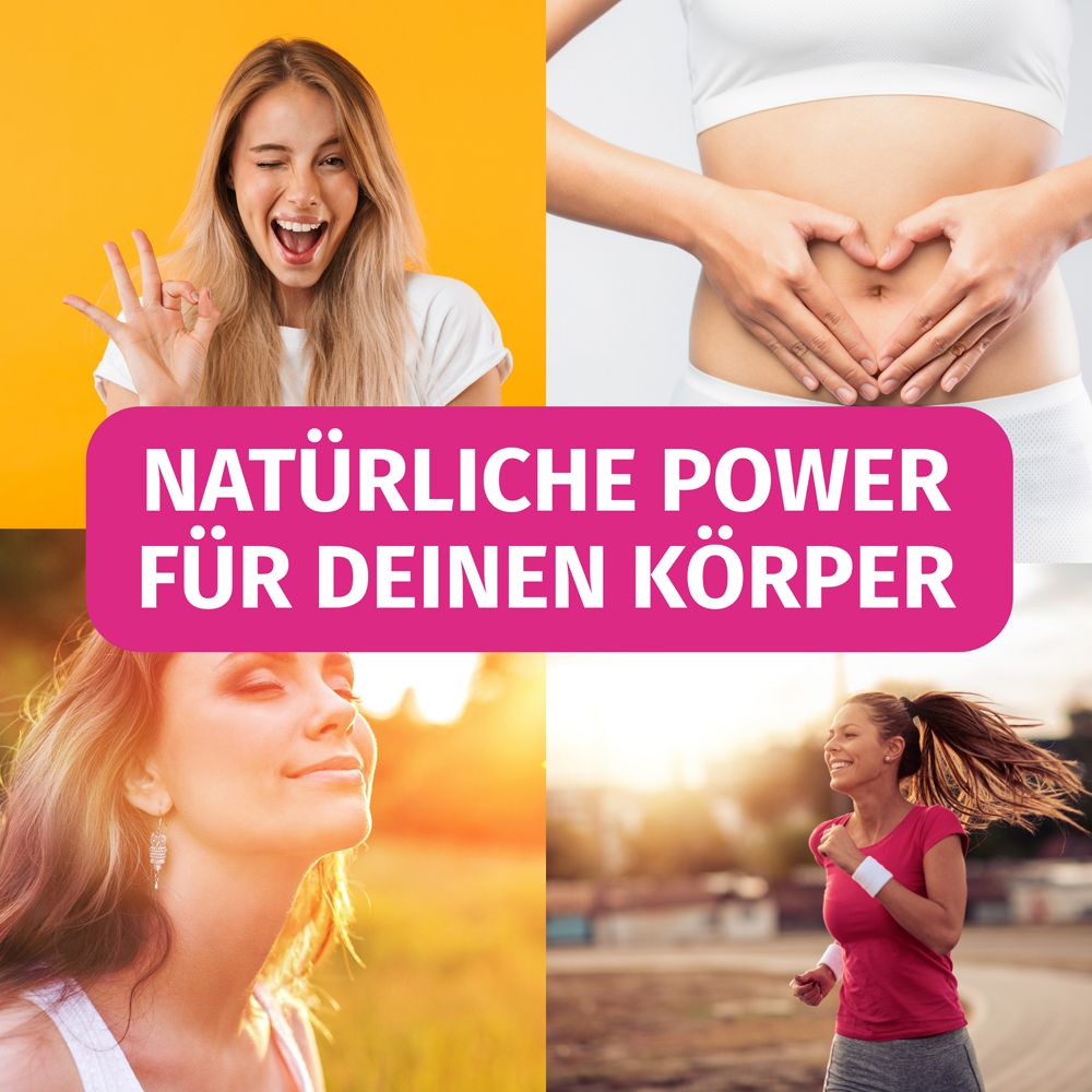 Collage de quatre images. Texte: PUISSANCE NATURELLE POUR VOTRE CORPS. Femmes souriantes, mains sur le ventre, jogging.