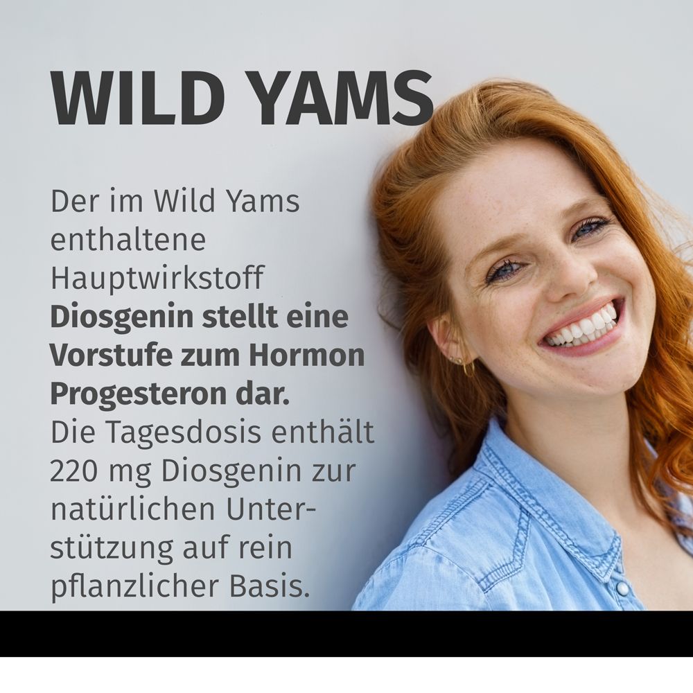 Femme souriante. Texte: WILD YAMS. La diosgénine est un précurseur de la progestérone. 220 mg de diosgénine.